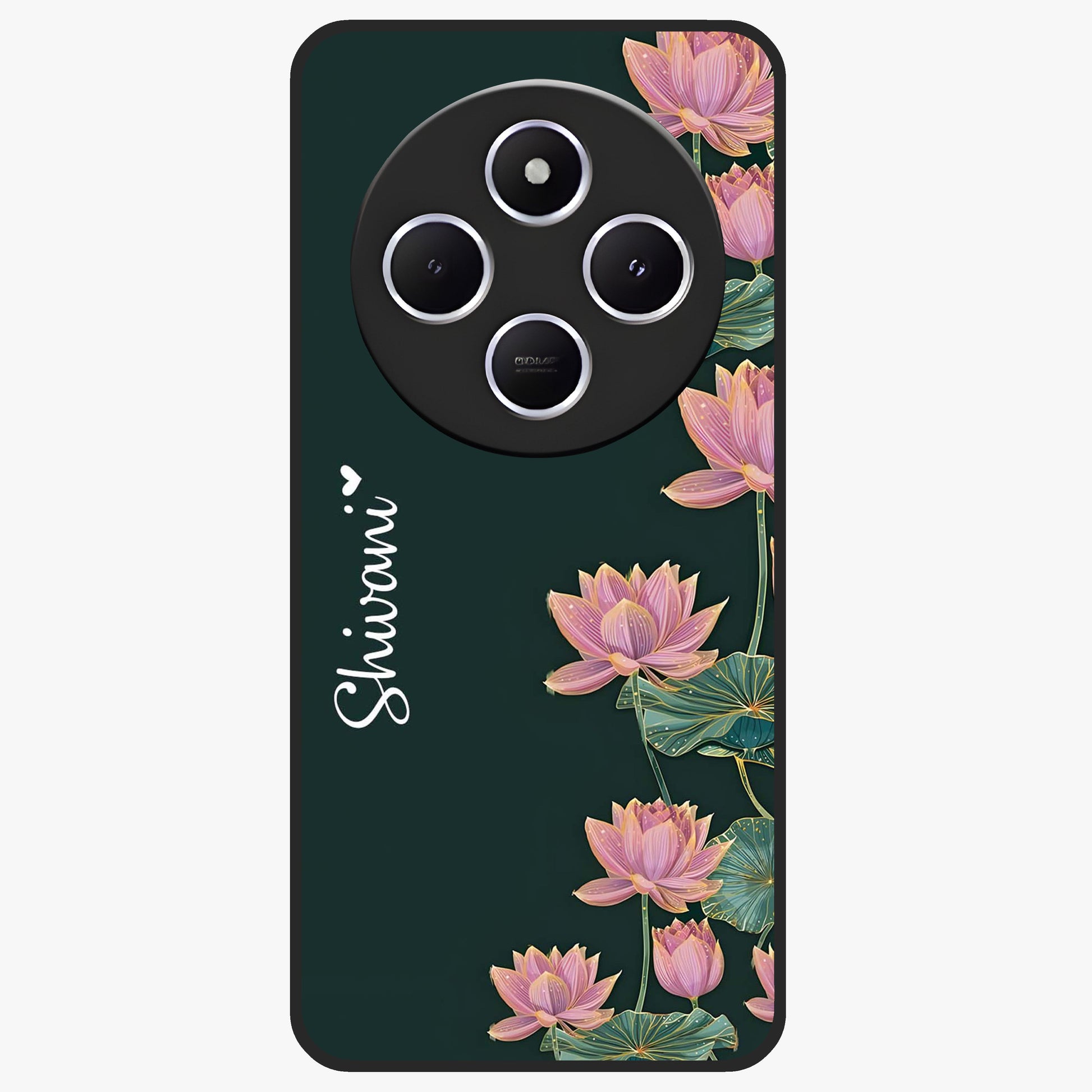 Lotus Bloom Serenity Custom Name Glass Case showing flat back view with elegant lotus flower artwork and personalized name design.