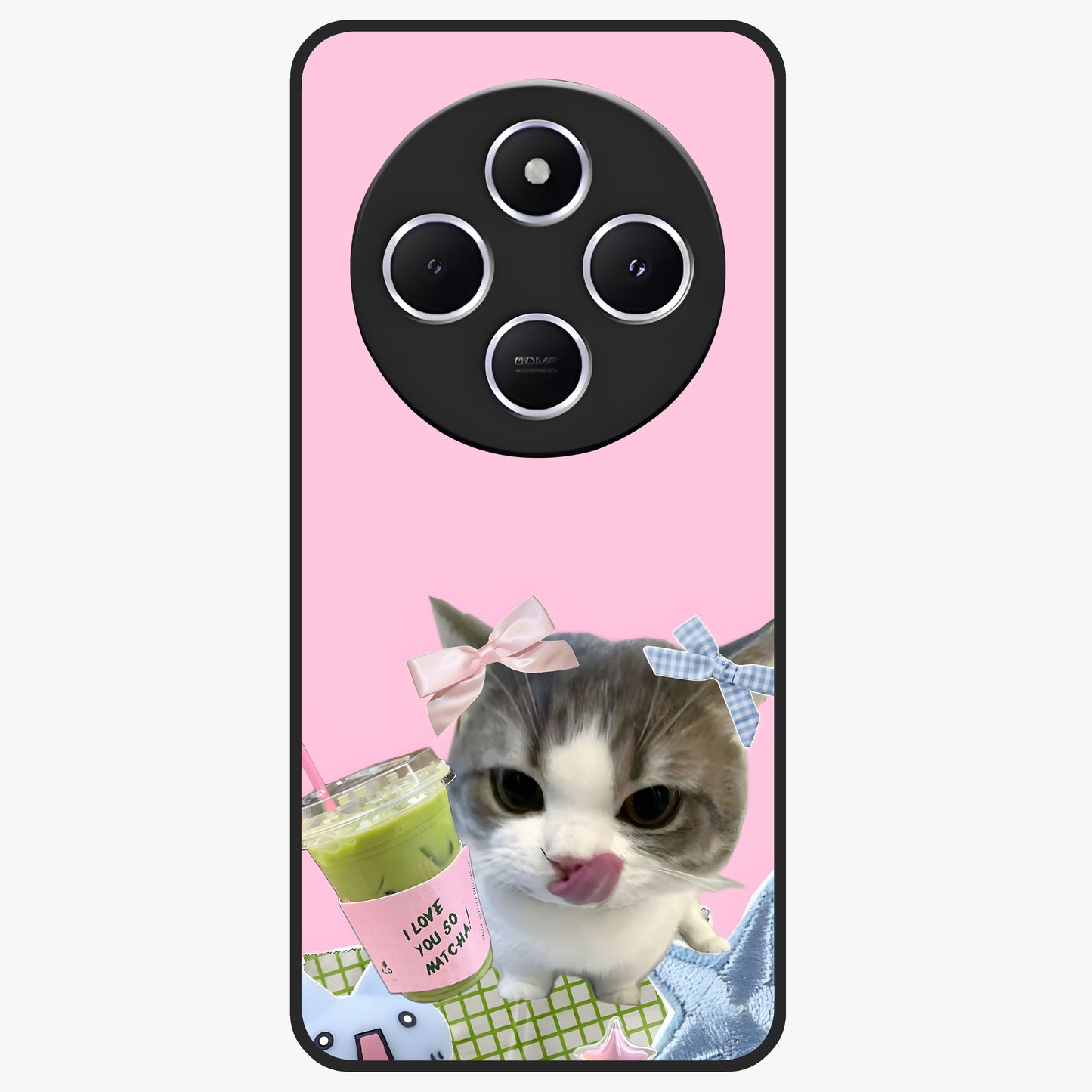 Love Matcha Cat Glass Case showing flat back view with cute cat and matcha themed artwork and glossy glass finish.