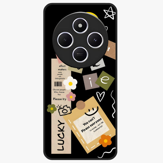 Lucky Aesthetic Collage Glass Case showing flat back view with trendy aesthetic collage artwork and glossy glass finish.