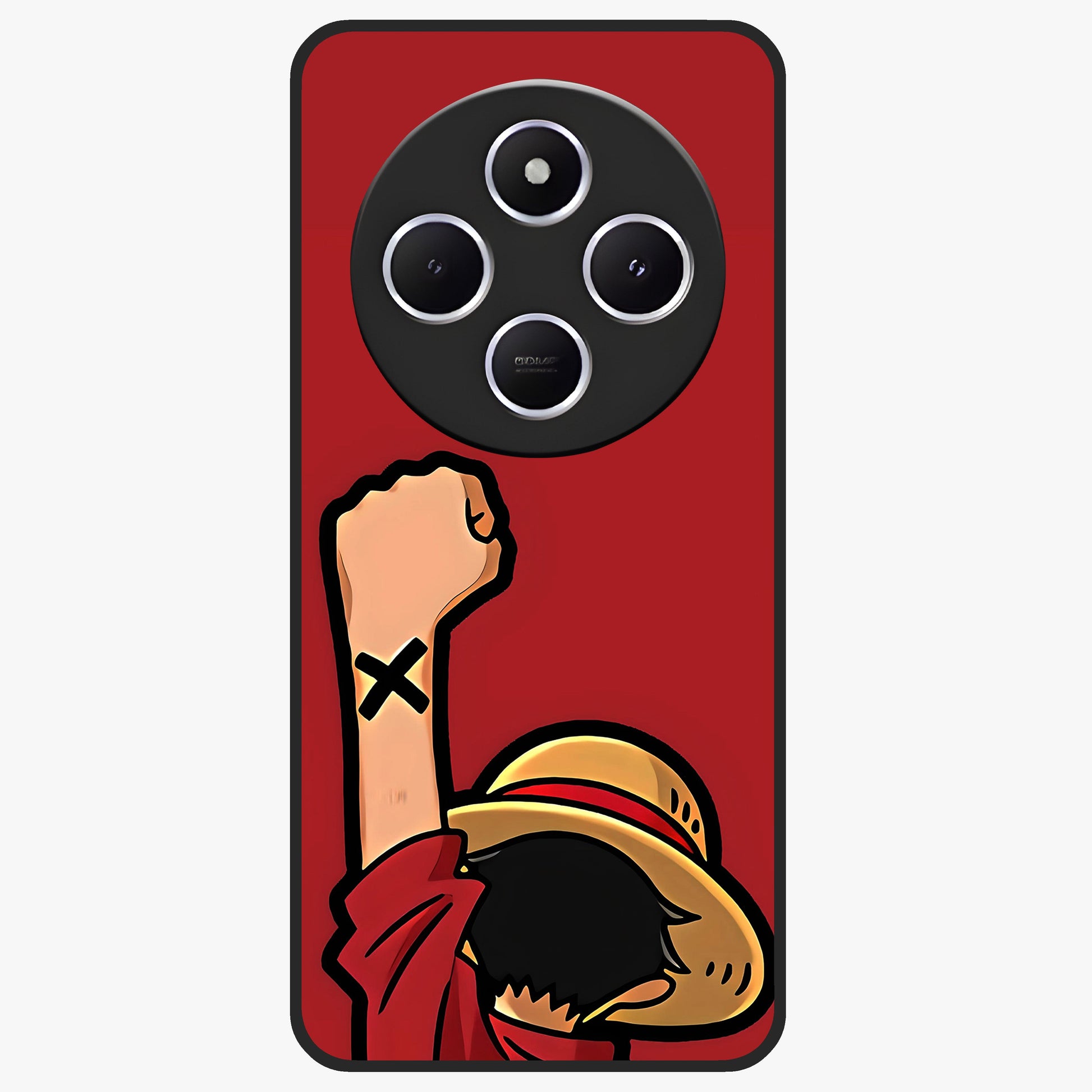 Luffy X Spirit Glass Case showing flat back view with bold anime character artwork and glossy glass finish.