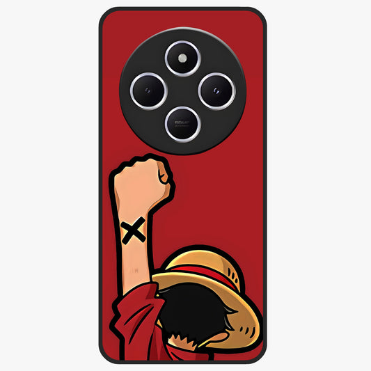 Luffy X Spirit Glass Case showing flat back view with bold anime character artwork and glossy glass finish.
