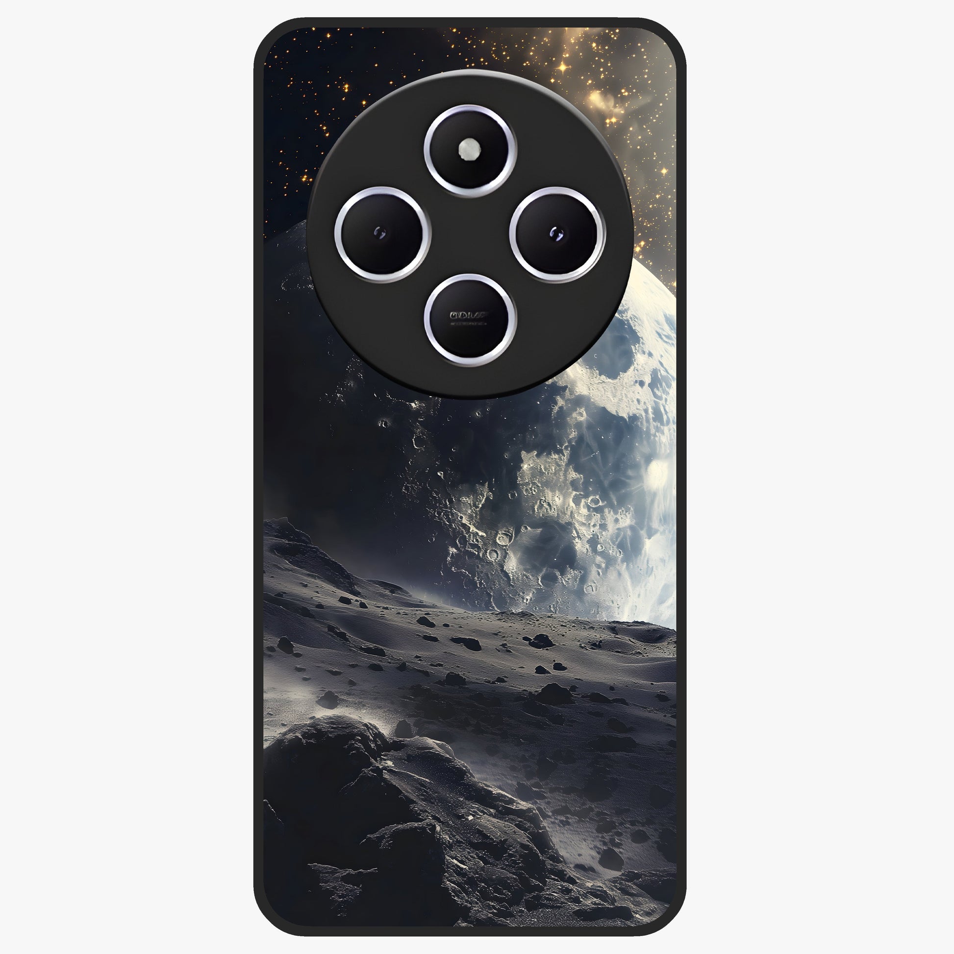 Lunar Horizon Glow Glass Case showing flat back view with glowing moon horizon artwork and glossy glass finish.