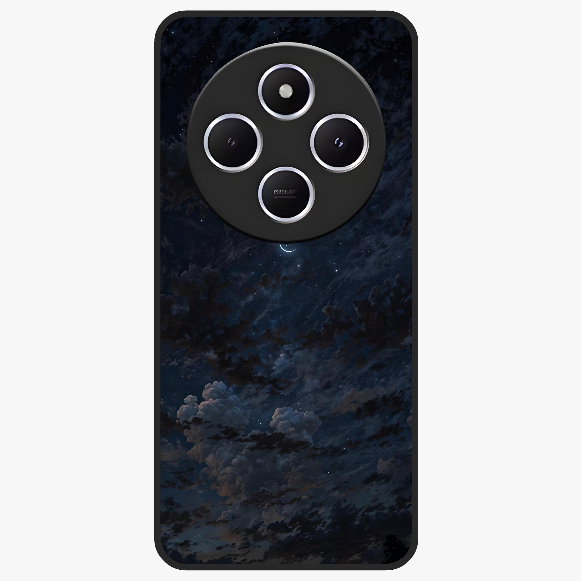 Lunar Veil Silence Glass Case showing flat back view with mystical moon veil artwork and glossy glass finish.