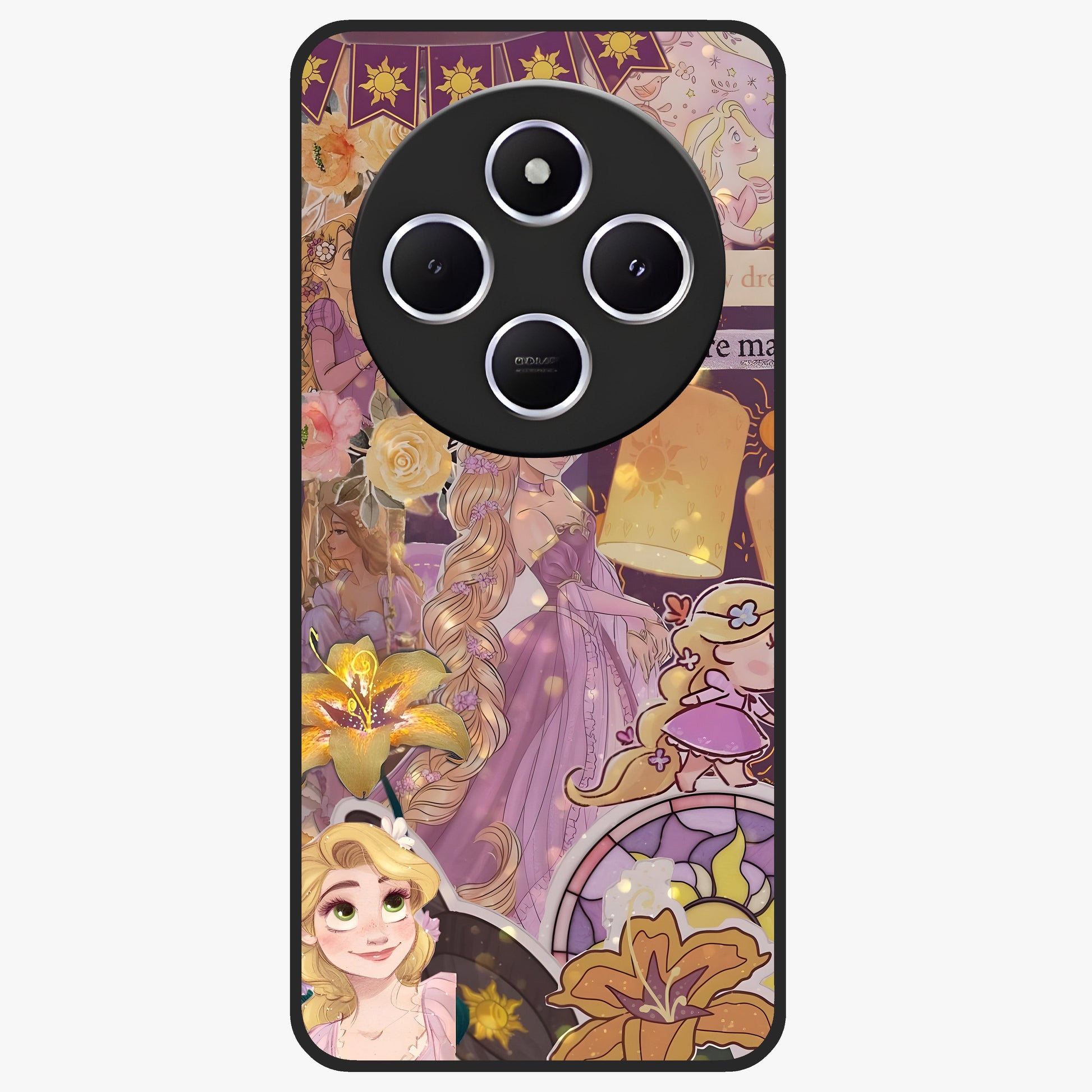 Magical Tangled Dream Glass Case showing flat back view with dreamy tangled artwork and glossy glass finish.