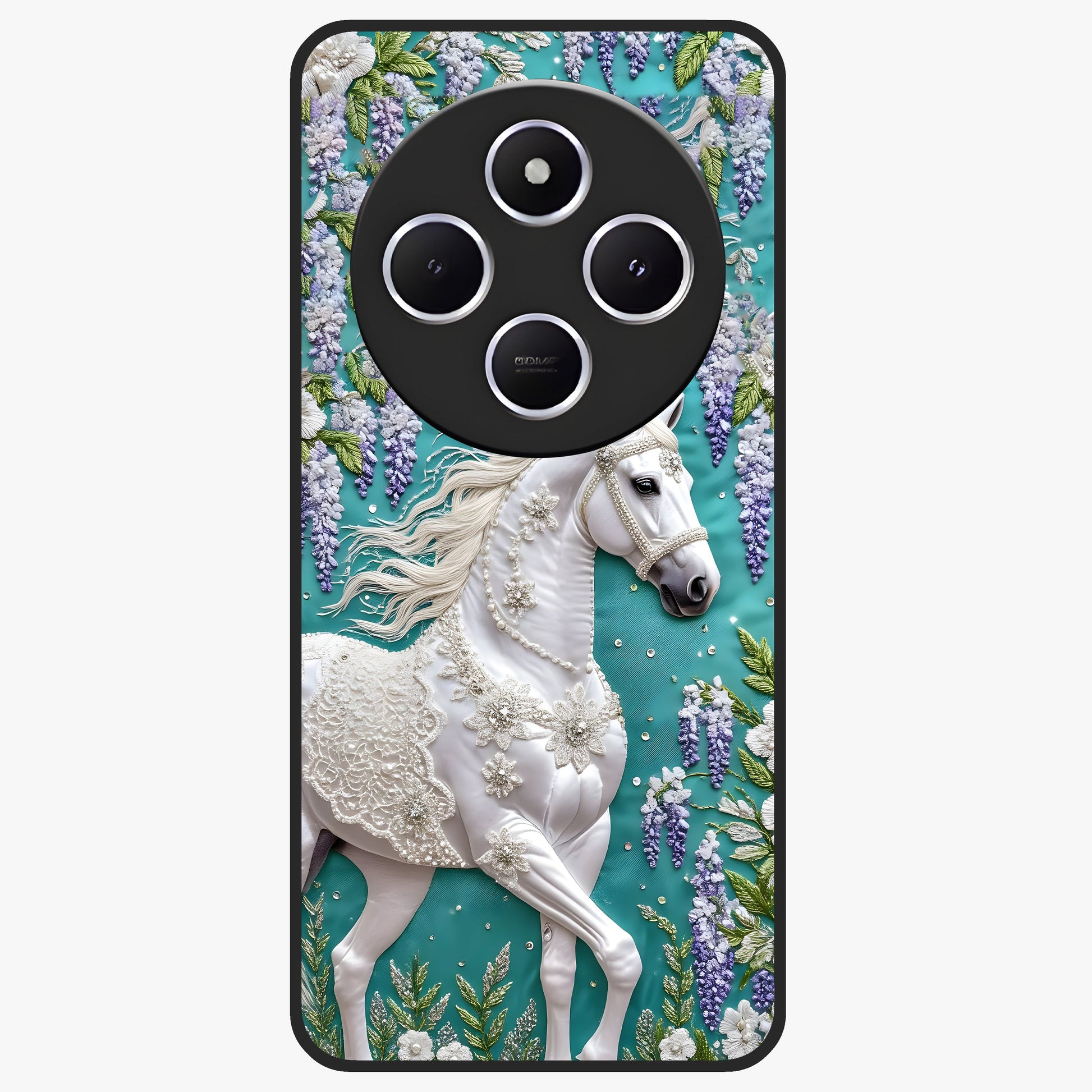 Majestic Floral Stallion Glass Case showing flat back view with powerful horse and floral artwork and glossy glass finish.