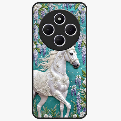 Majestic Floral Stallion Glass Case showing flat back view with powerful horse and floral artwork and glossy glass finish.