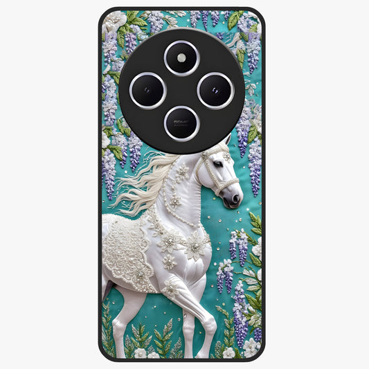 Majestic Floral Stallion Glass Case showing flat back view with powerful horse and floral artwork and glossy glass finish.