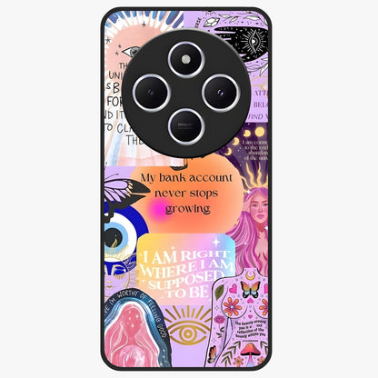 Manifestation Collage Glass Case showing flat back view with motivational collage artwork and glossy glass finish.
