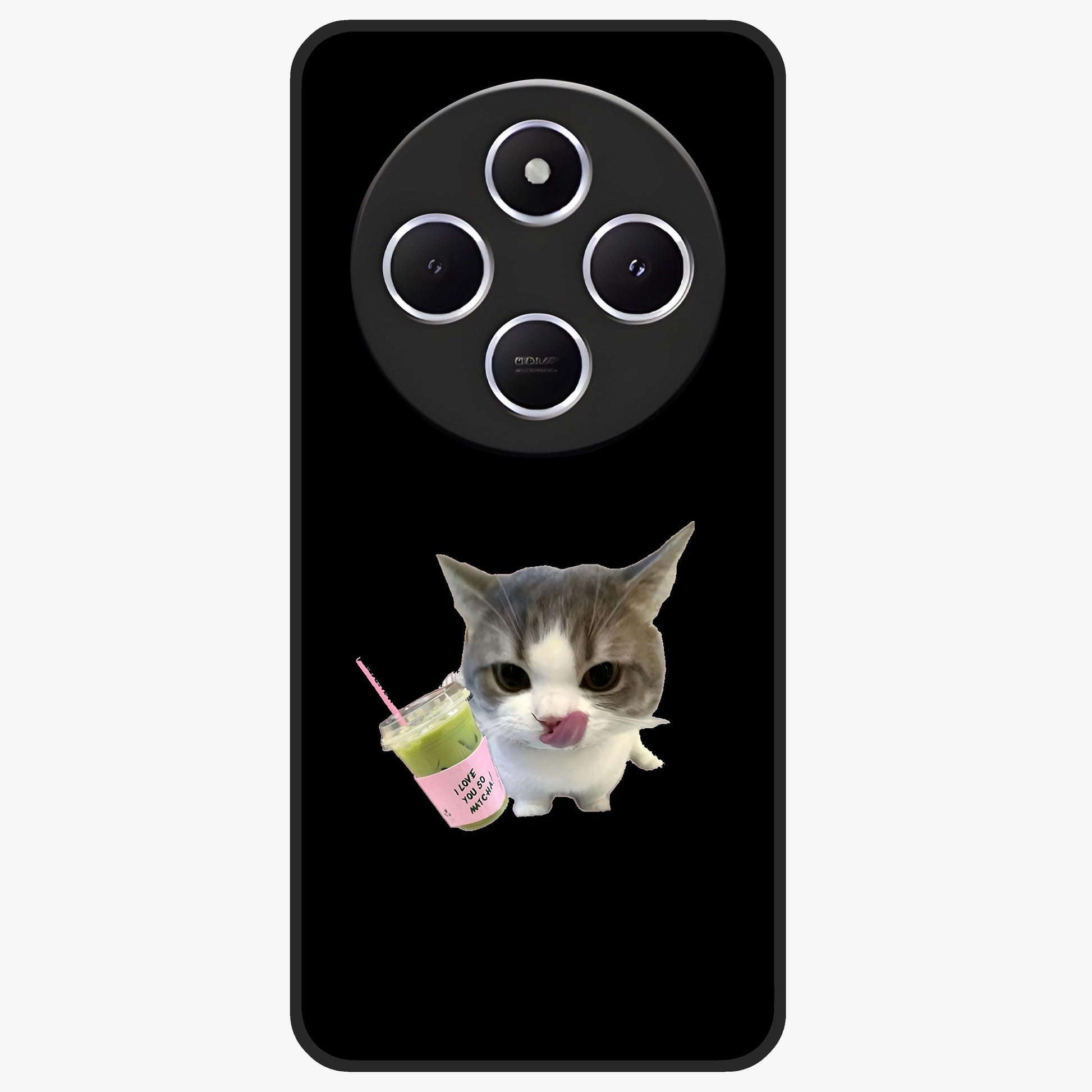 Matcha Cat Style Glass Case showing flat back view with cute matcha themed cat artwork and glossy glass finish.