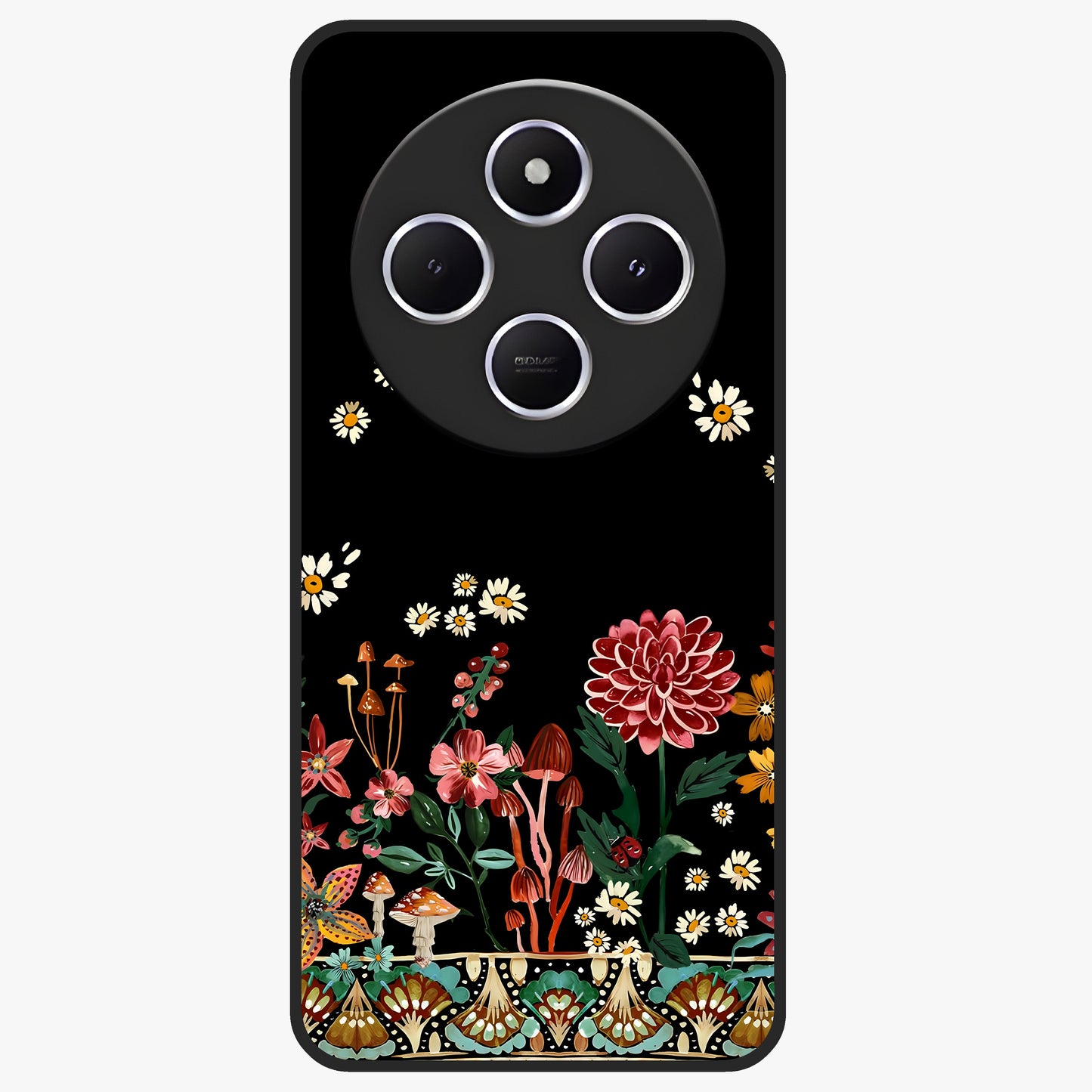 Midnight Bloom Pattern Glass Case showing flat back view with dark floral pattern artwork and glossy glass finish.