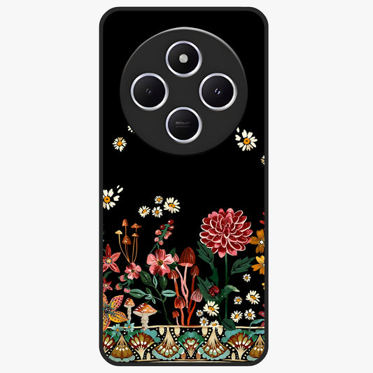 Midnight Bloom Pattern Glass Case showing flat back view with dark floral pattern artwork and glossy glass finish.