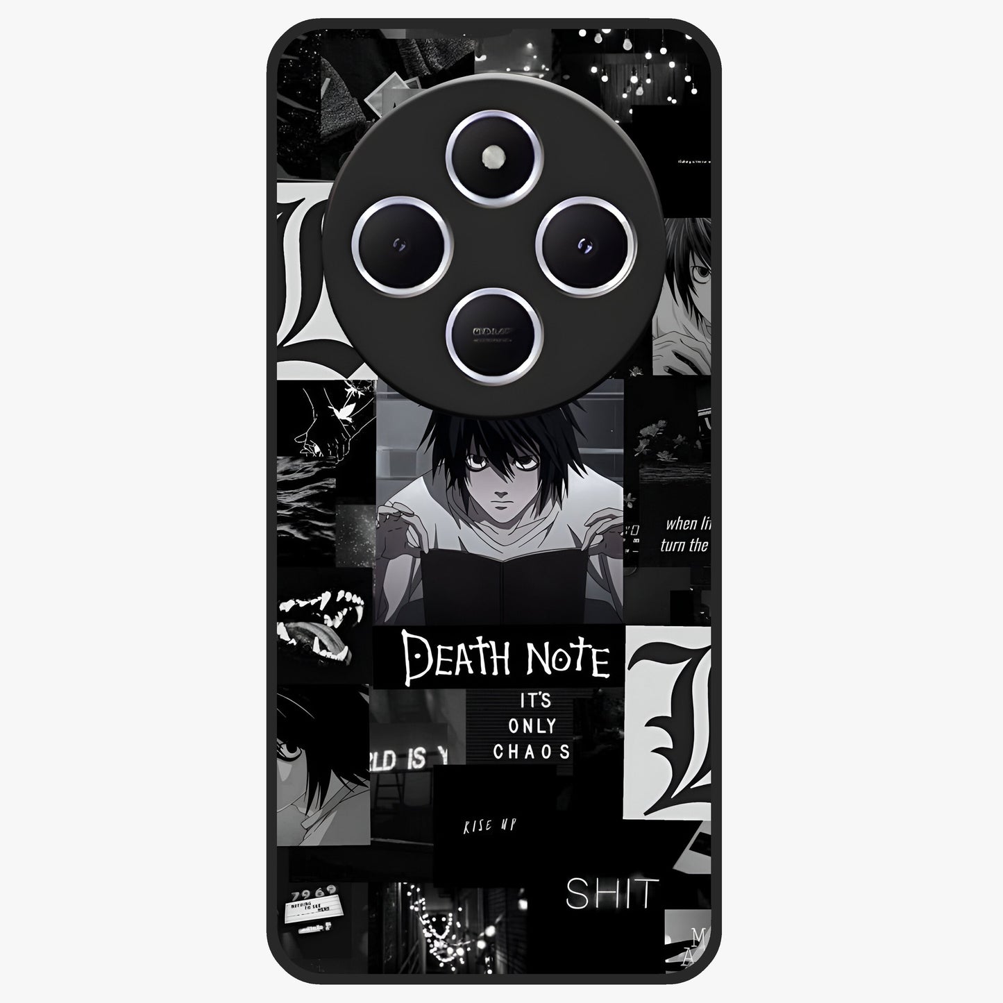 Midnight Chaos Mind Glass Case showing flat back view with abstract dark themed artwork and glossy glass finish.