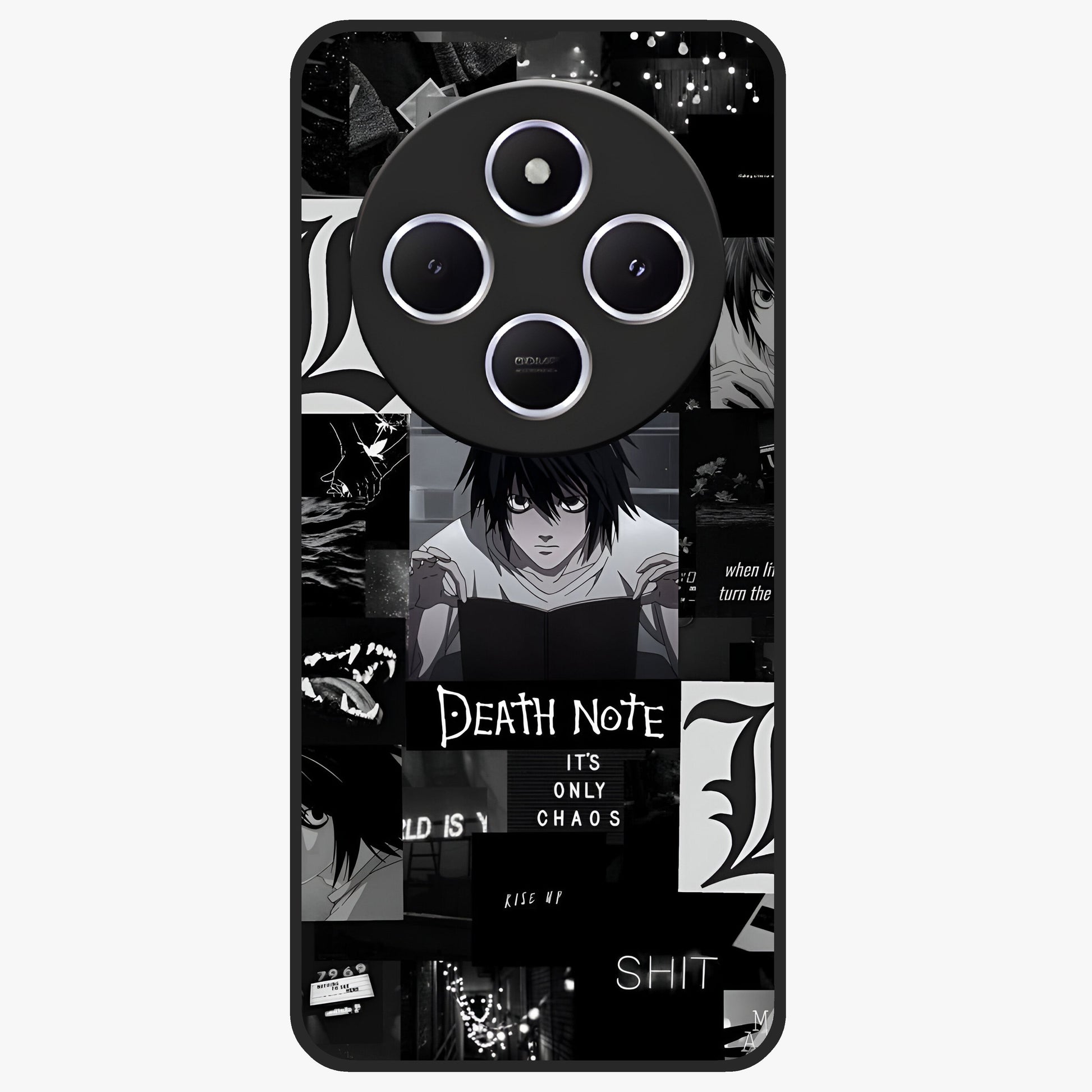 Midnight Chaos Mind Glass Case showing flat back view with abstract dark themed artwork and glossy glass finish.