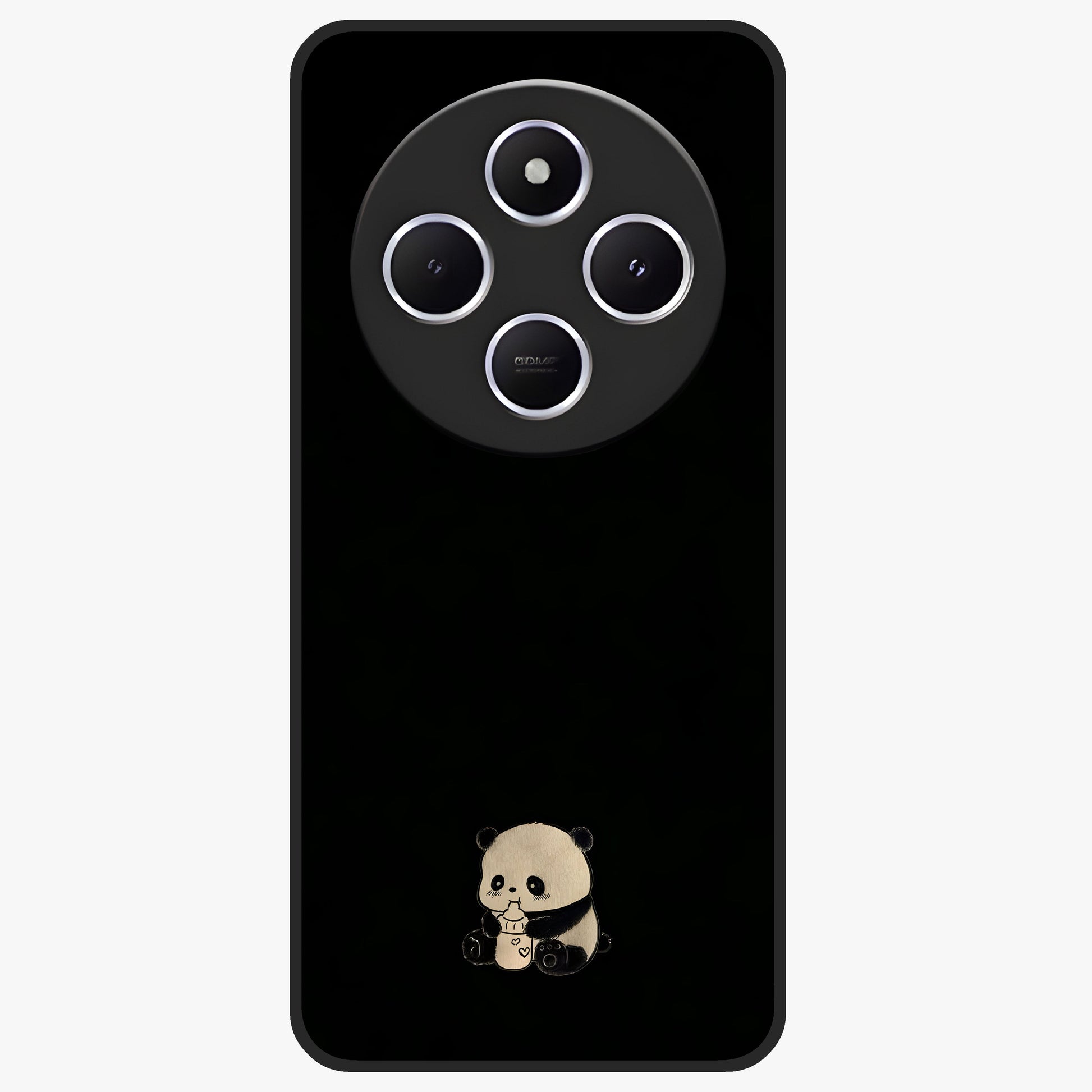 Midnight Panda Love Glass Case showing flat back view with cute panda themed artwork and glossy glass finish.