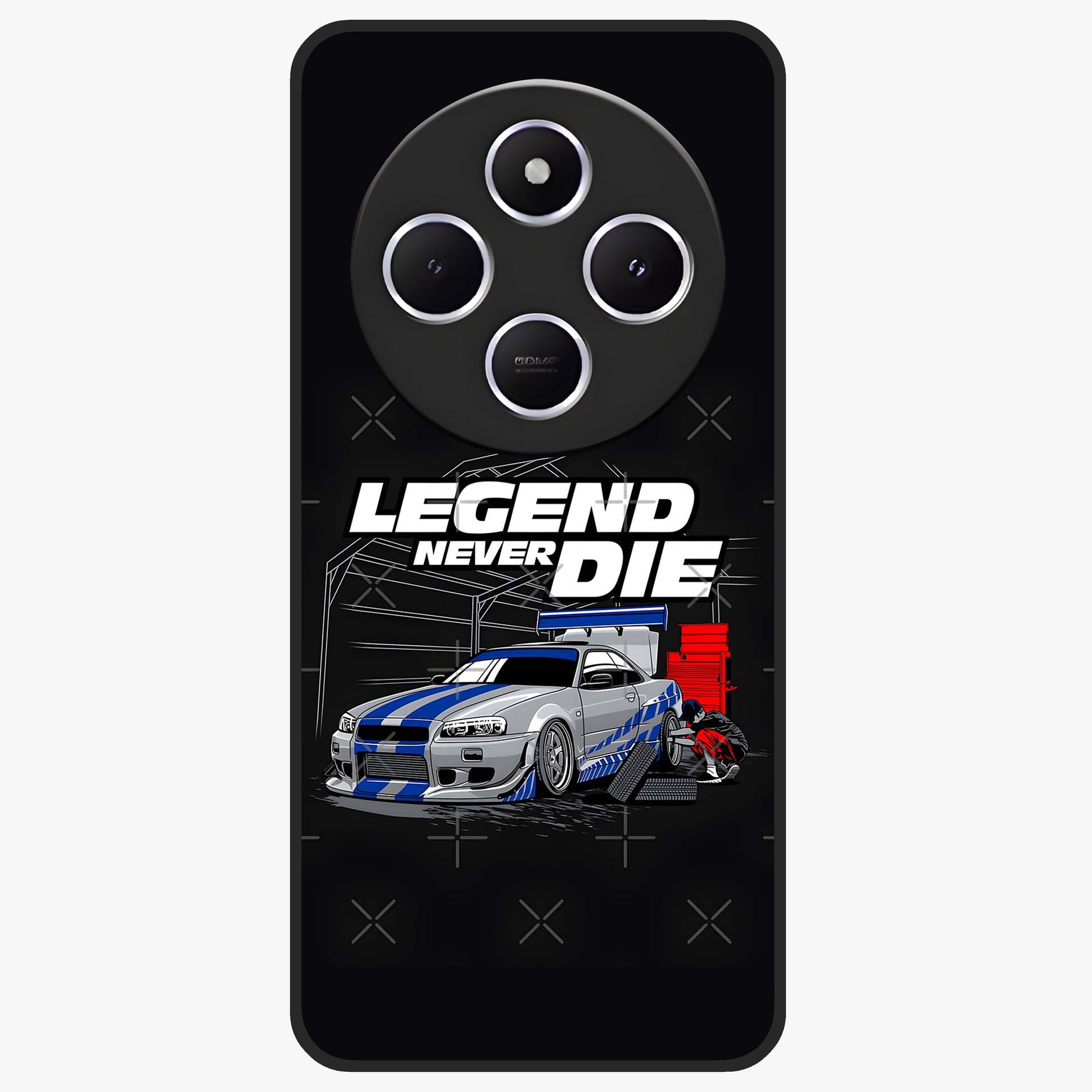 Midnight Racing Legacy Glass Case showing flat back view with sleek racing inspired artwork and glossy glass finish.