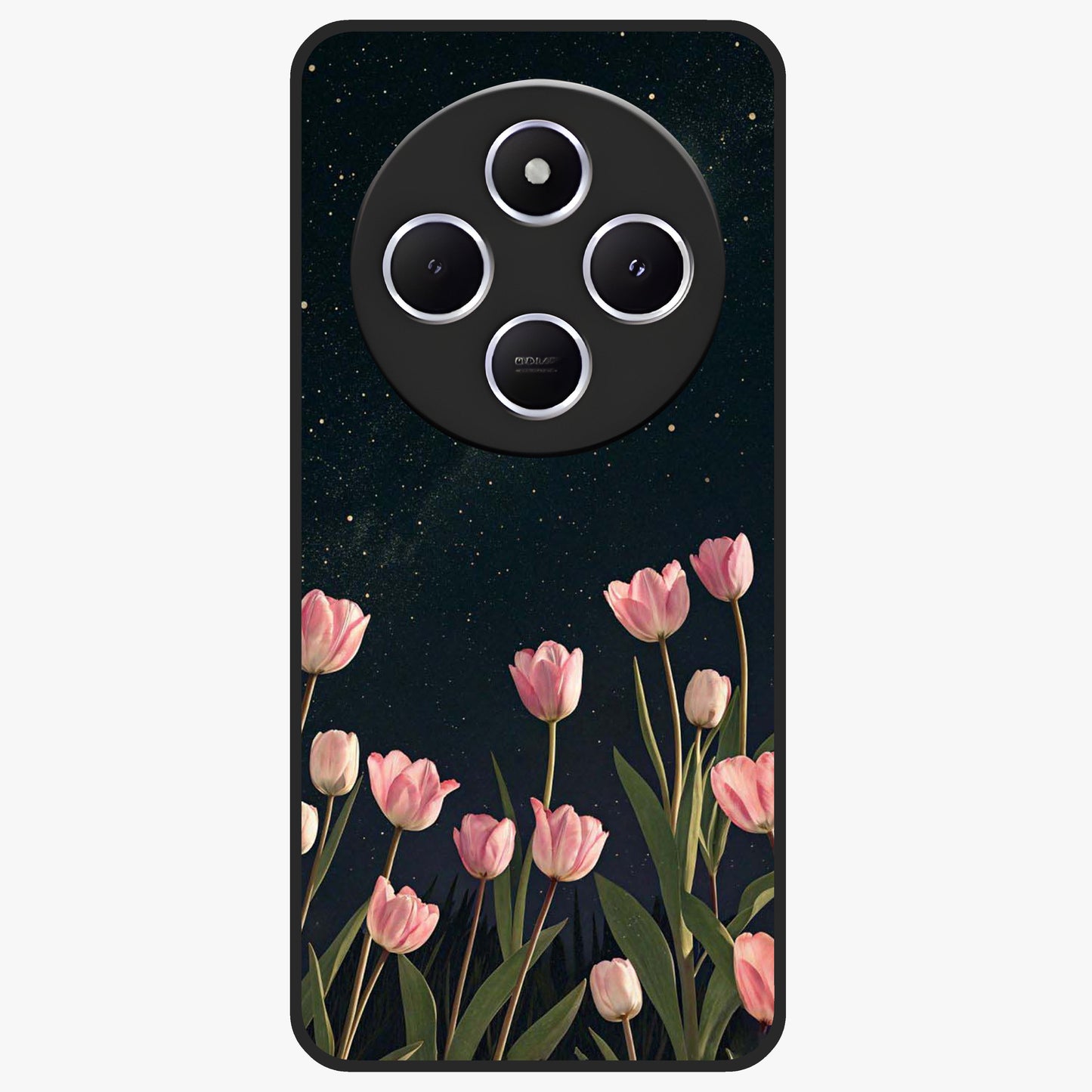 Midnight Tulip Whispers Vibe Glass Case showing flat back view with elegant tulip flower artwork and glossy glass finish.
