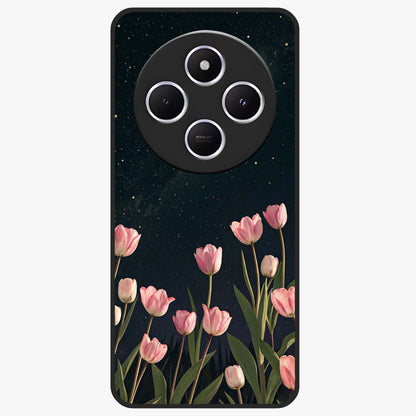 Midnight Tulip Whispers Vibe Glass Case showing flat back view with elegant tulip flower artwork and glossy glass finish.