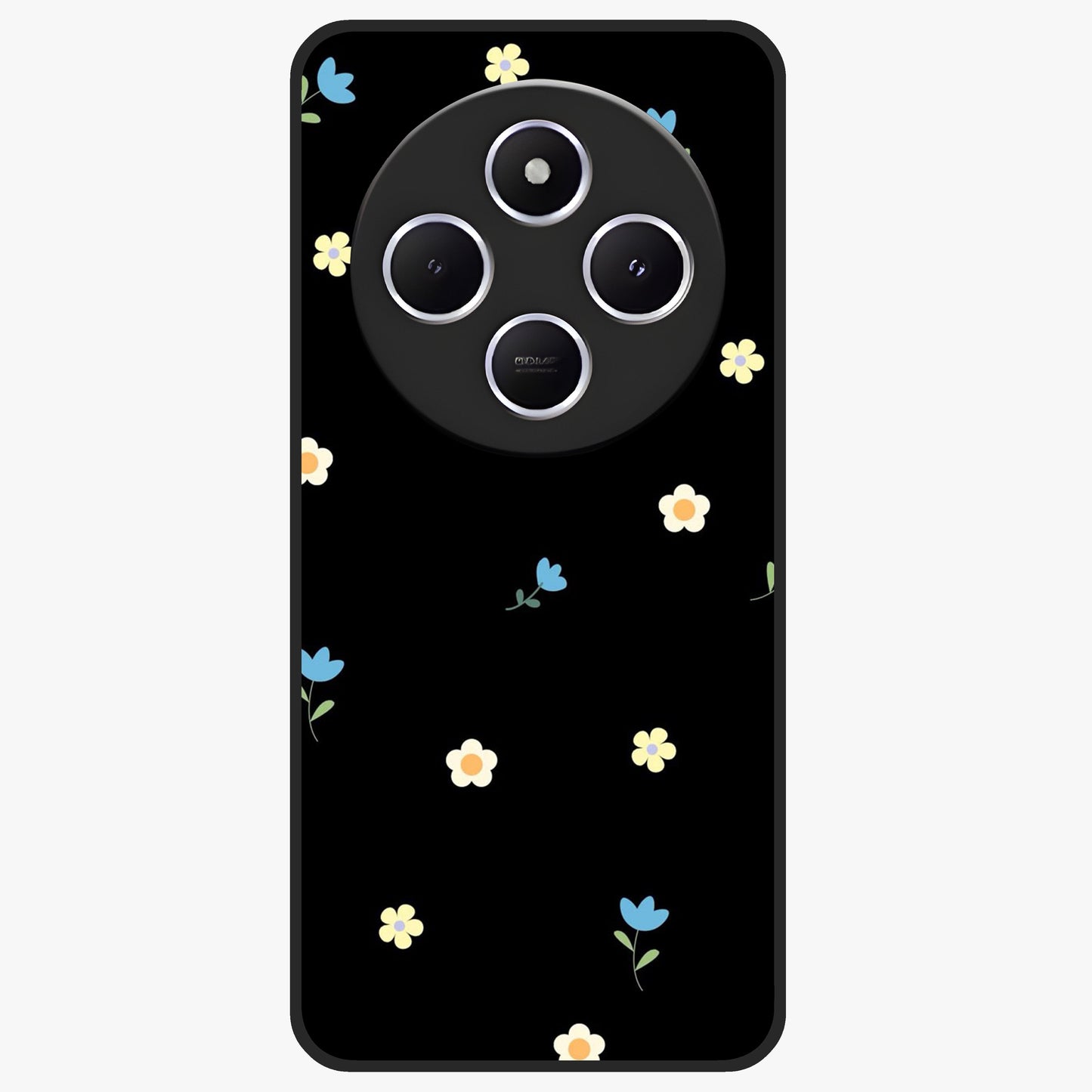 Minimalistic Blue With White Flower Pattern Glass Case showing flat back view with blue background and white flower pattern and glossy glass finish.