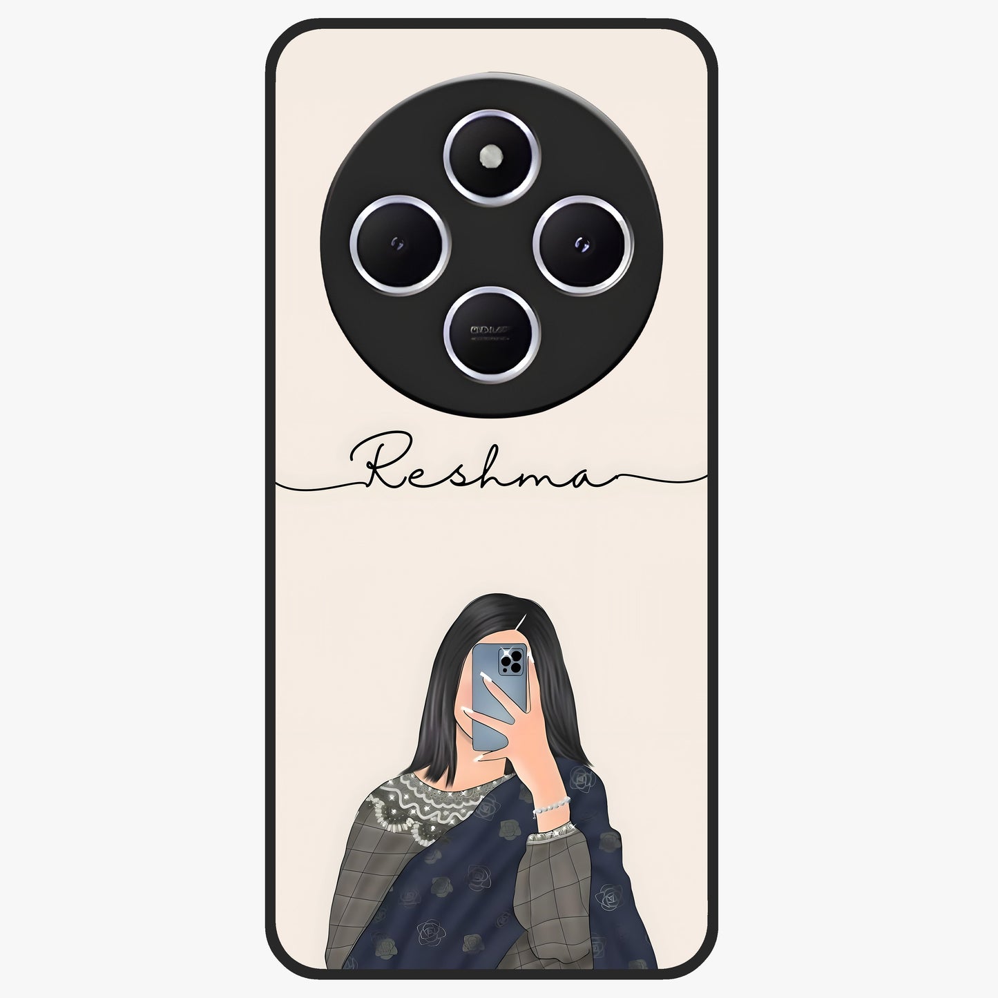 Mirror Mood Muse With Custom Name Glass Case showing flat back view with stylish mirrored artwork and personalized name design.
