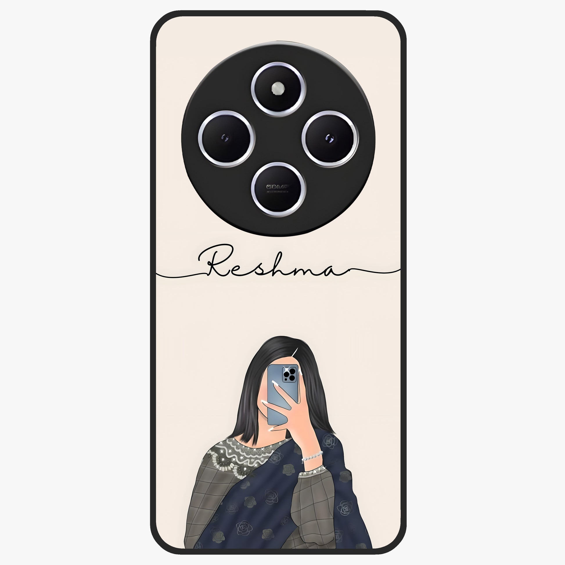 Mirror Mood Muse With Custom Name Glass Case showing flat back view with stylish mirrored artwork and personalized name design.