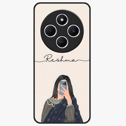 Mirror Mood Muse With Custom Name Glass Case showing flat back view with stylish mirrored artwork and personalized name design.