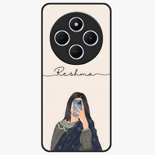 Mirror Mood Muse With Custom Name Glass Case showing flat back view with stylish mirrored artwork and personalized name design.