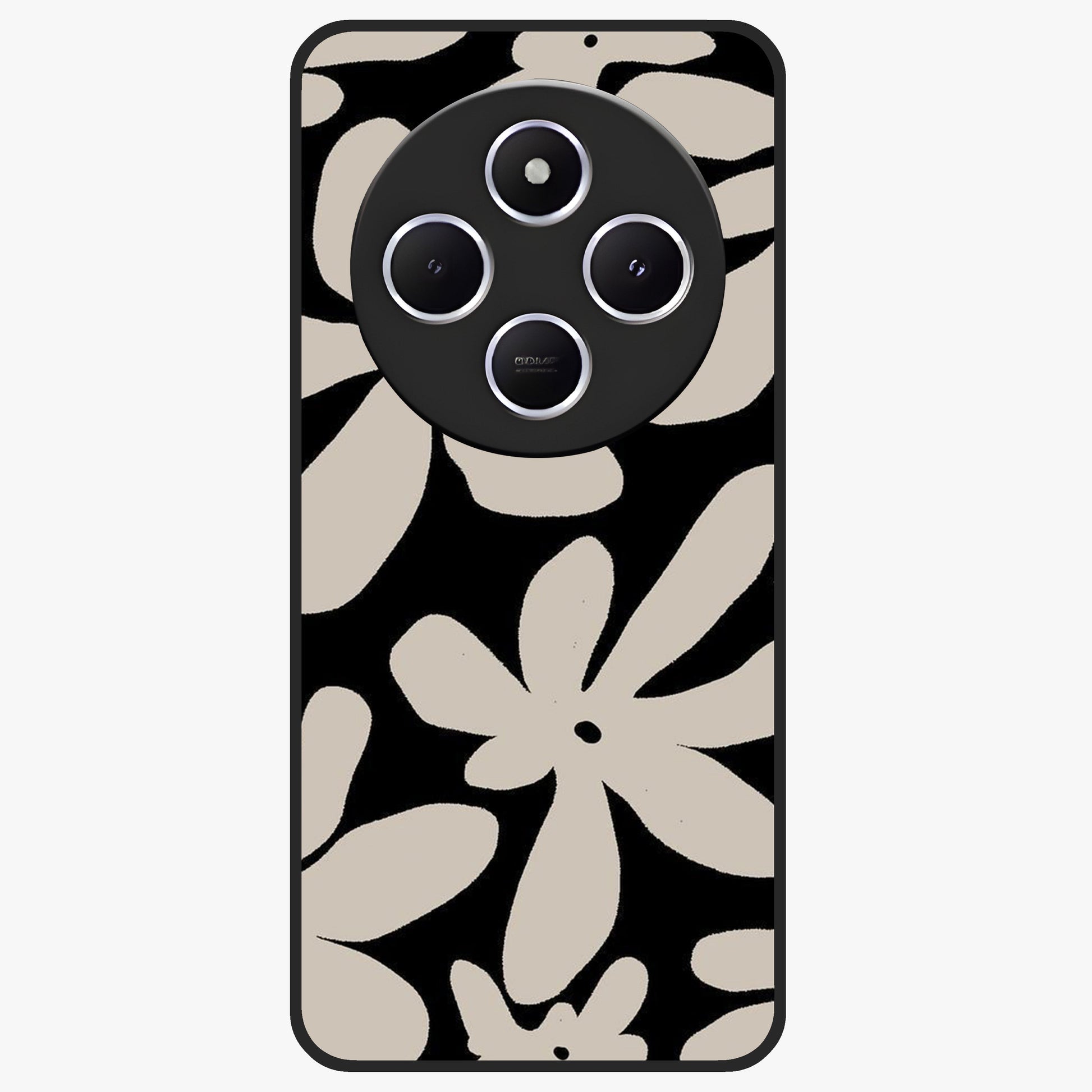 Monochrome Petal Dance Glass Case showing flat back view with monochrome floral artwork and glossy glass finish.