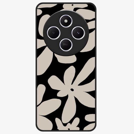Monochrome Petal Dance Glass Case showing flat back view with monochrome floral artwork and glossy glass finish.
