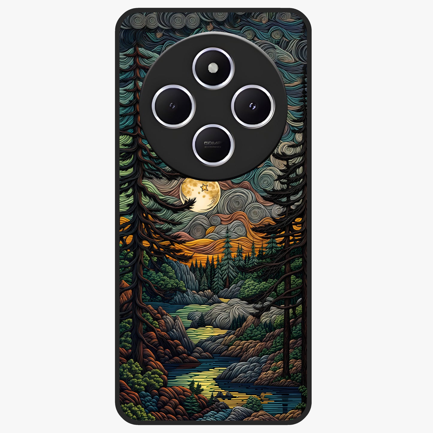 Moonlight Forest Dream Glass Case showing flat back view with mystical forest moonlight artwork and glossy glass finish.