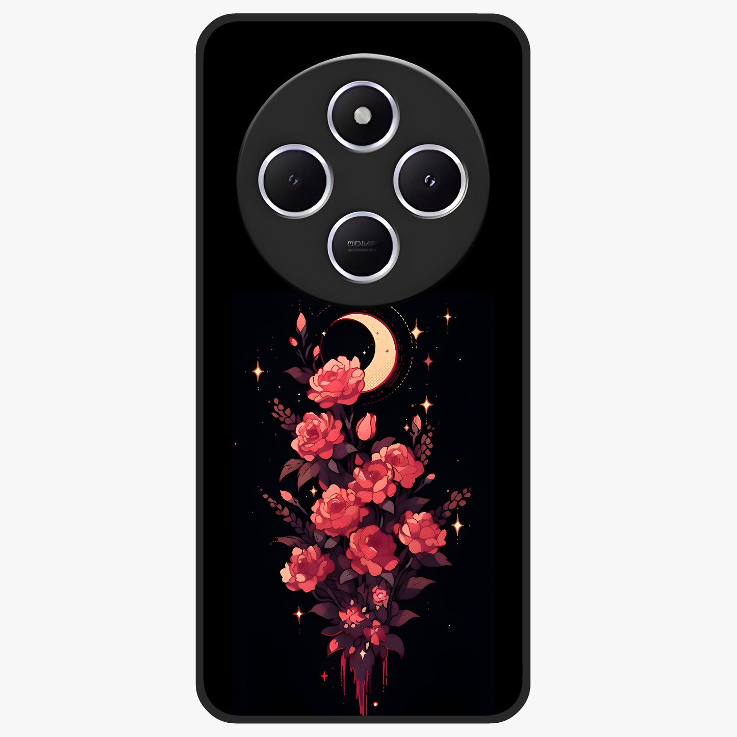 Moonlit Floral Elegance Glass Case showing flat back view with elegant floral artwork under moonlit tones and glossy glass finish.