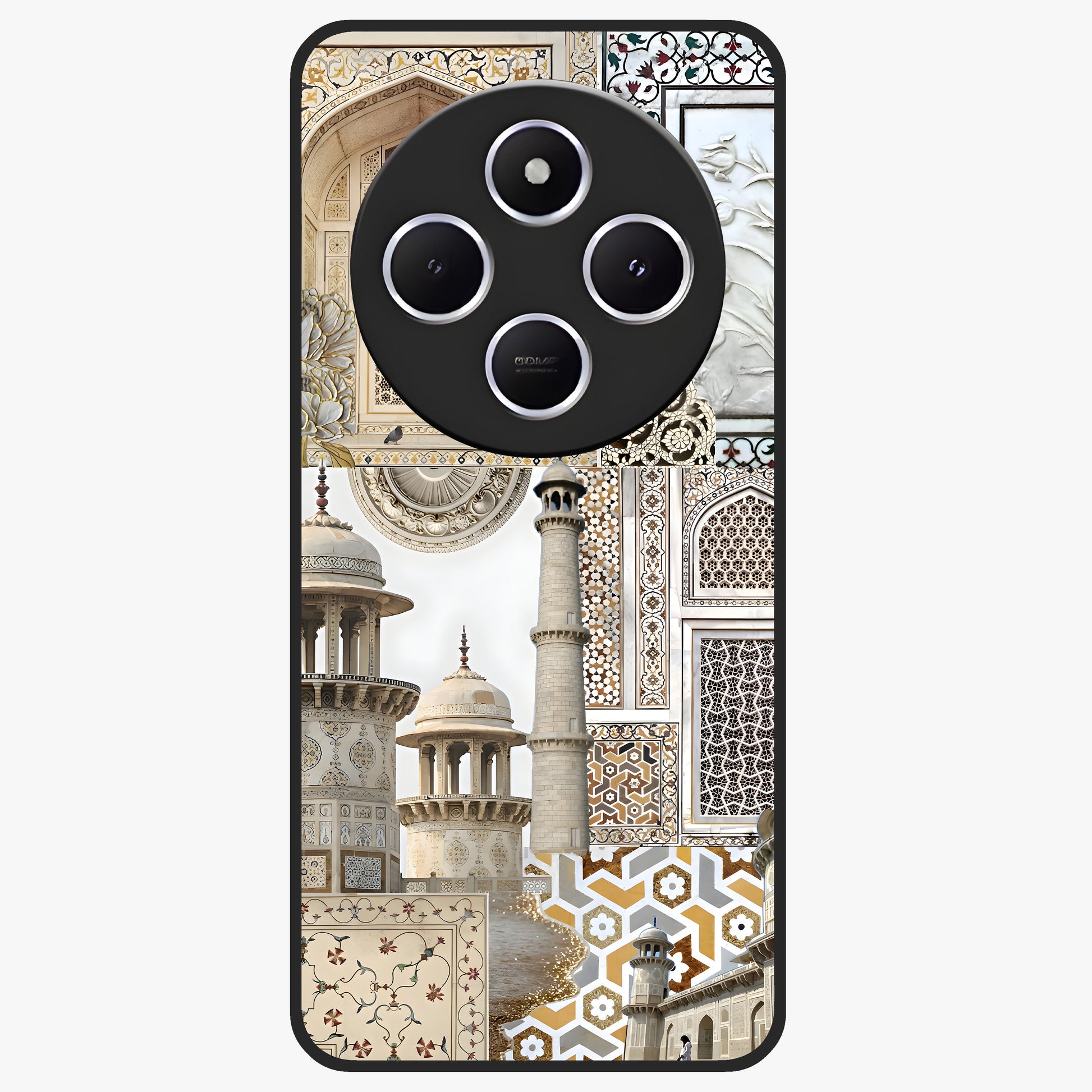 Mughal Marble Legacy Glass Case showing flat back view with intricate Mughal inspired marble pattern and glossy glass finish.