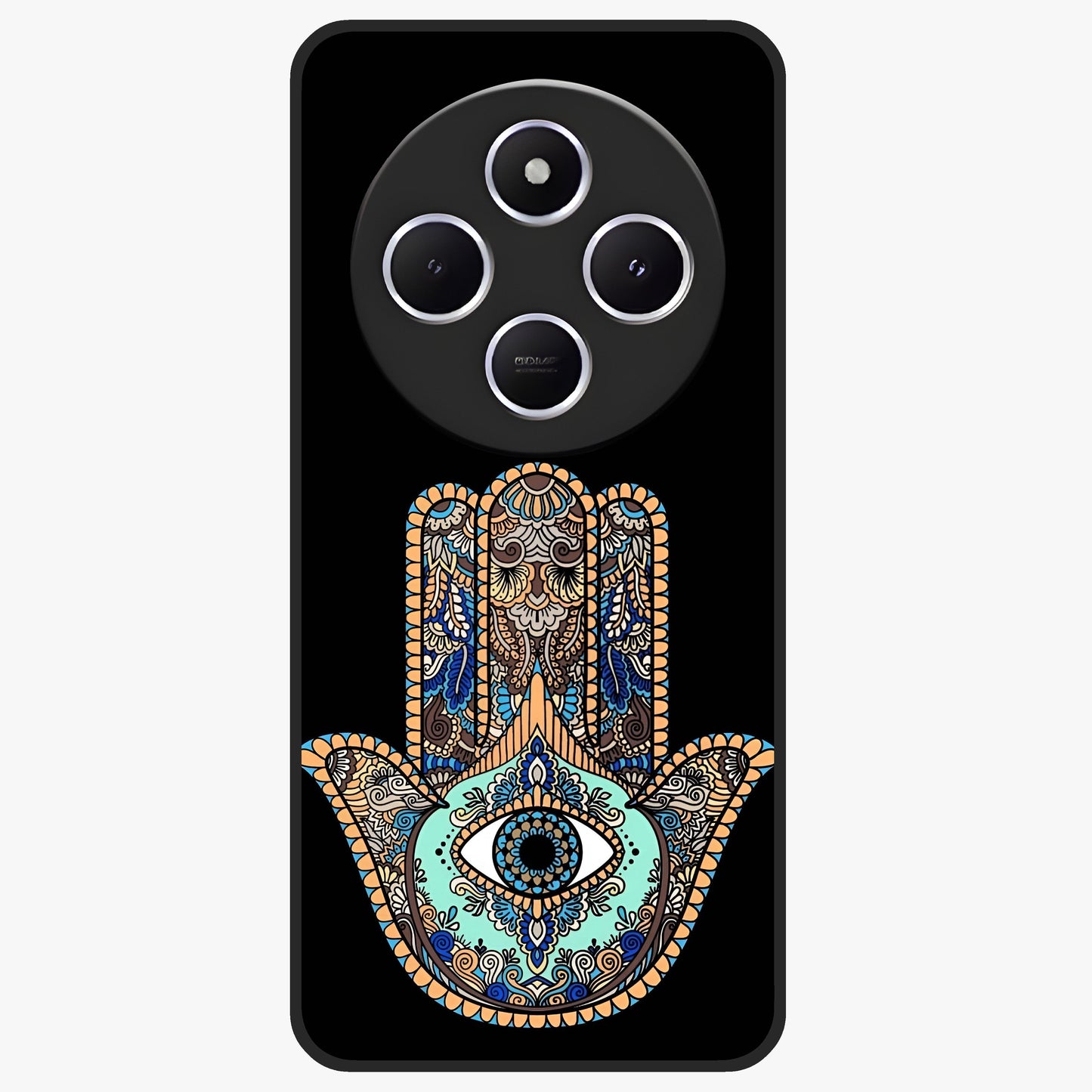Mystic Hamsa Eye Glass Case showing flat back view with protective hamsa hand and evil eye artwork and glossy glass finish.