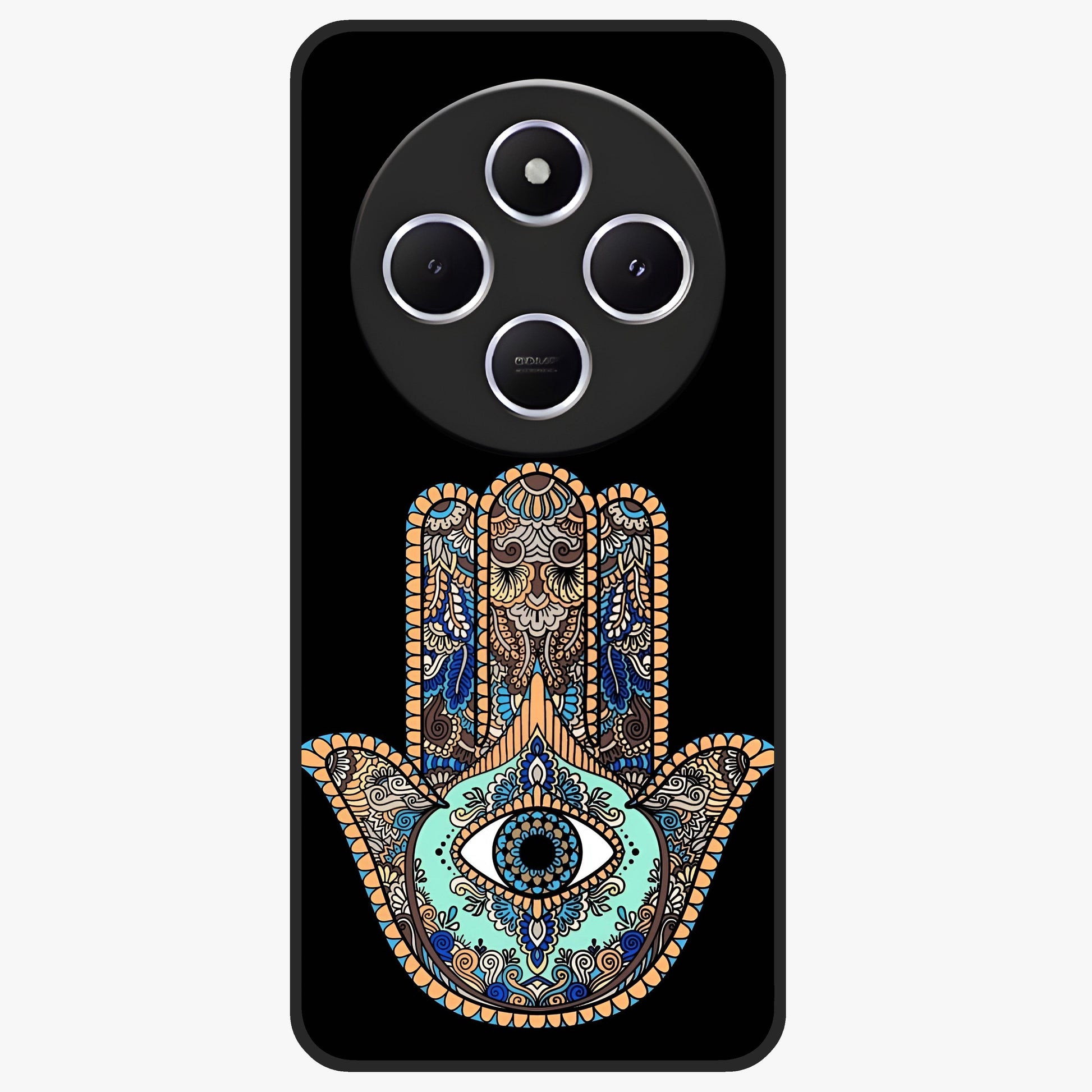 Mystic Hamsa Eye Glass Case showing flat back view with protective hamsa hand and evil eye artwork and glossy glass finish.