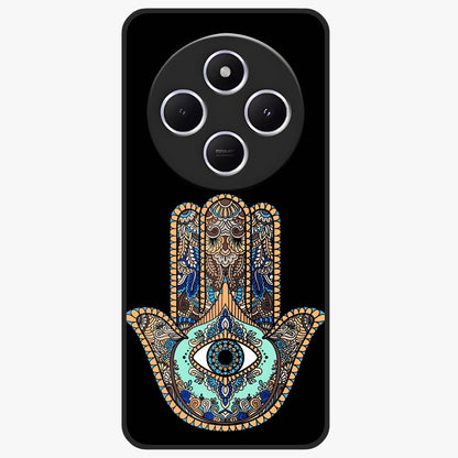 Mystic Hamsa Eye Glass Case showing flat back view with protective hamsa hand and evil eye artwork and glossy glass finish.