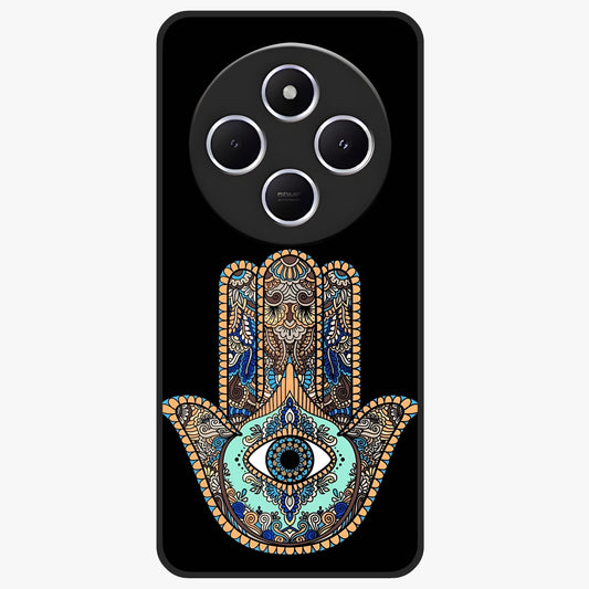 Mystic Hamsa Eye Glass Case showing flat back view with protective hamsa hand and evil eye artwork and glossy glass finish.