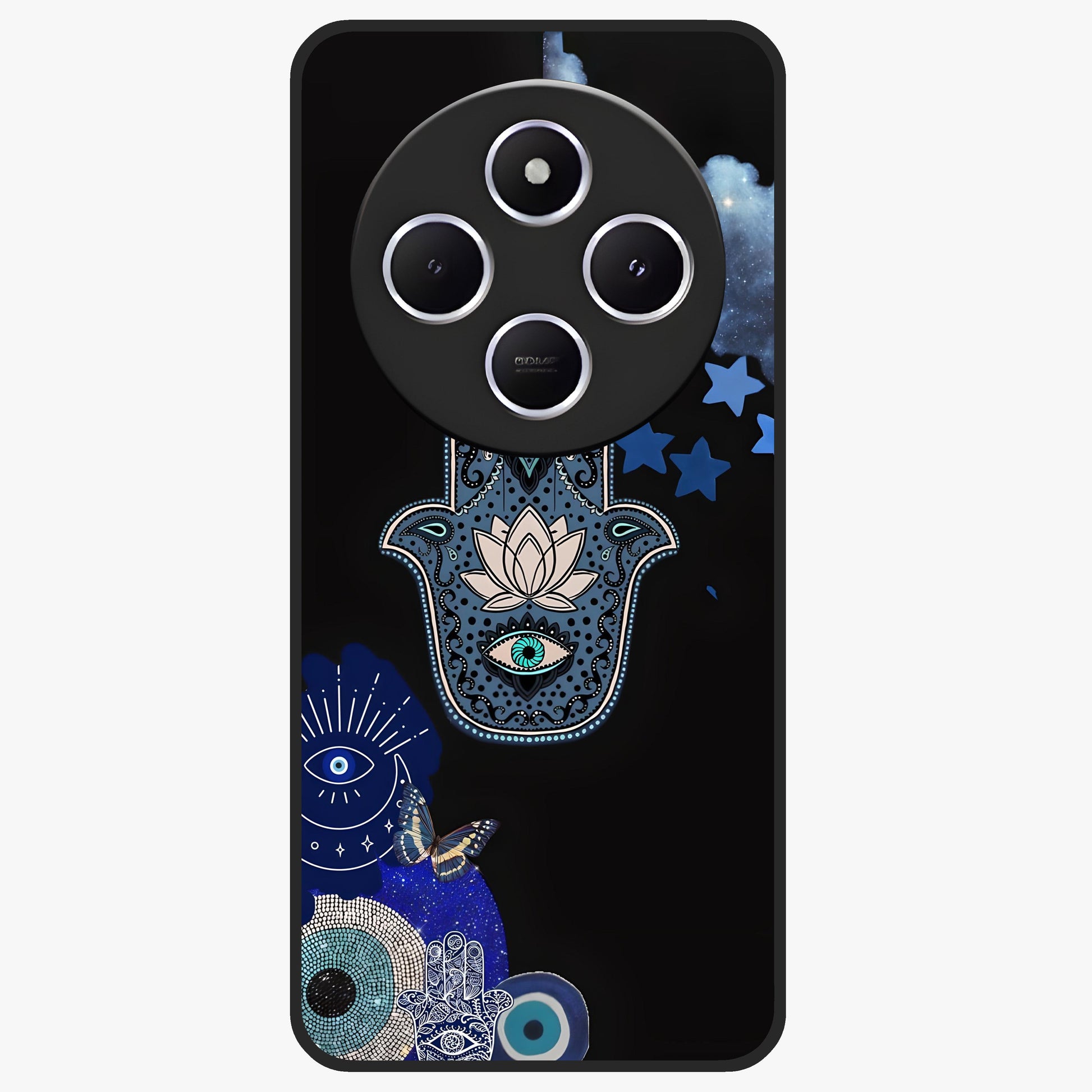Mystic Hand Aura Glass Case showing flat back view with mystical hand symbol artwork and glossy glass finish.