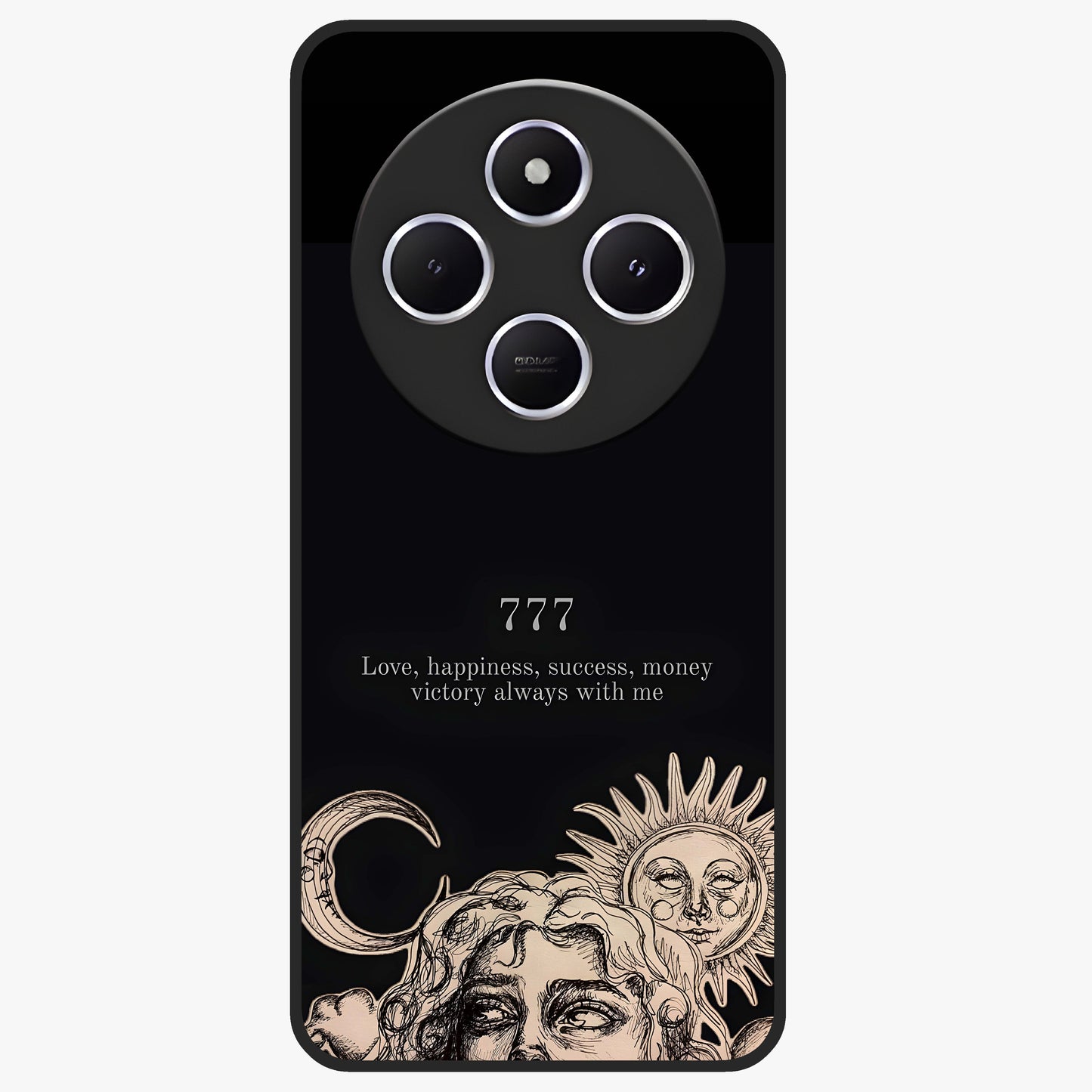 Mystic Victory Aura Glass Case showing flat back view with victory symbol artwork and glossy glass finish.