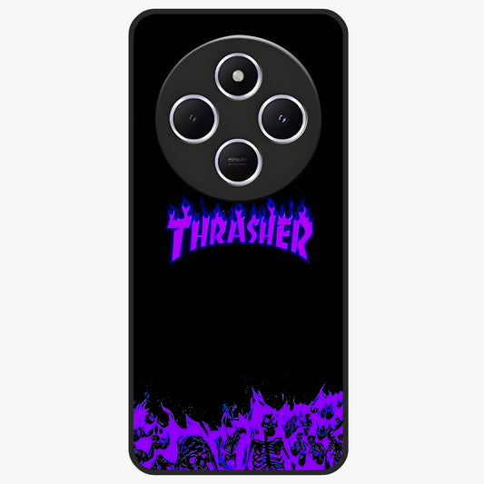 Neon Flame Riot Glass Case showing flat back view with neon flame artwork and glossy glass finish.