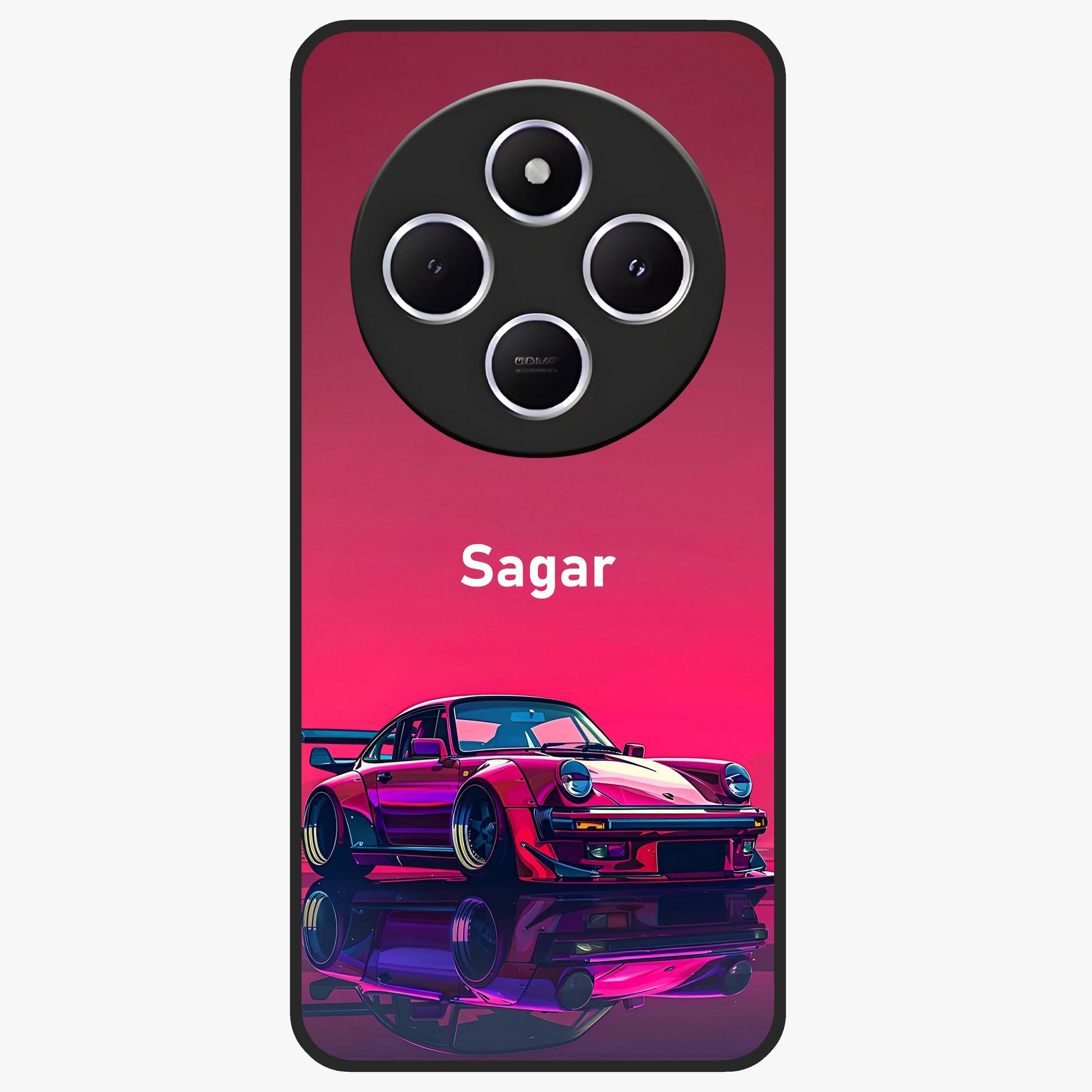 Neon Pink Porsche Glass Case showing flat back view with stylish sports car artwork and glossy glass finish.