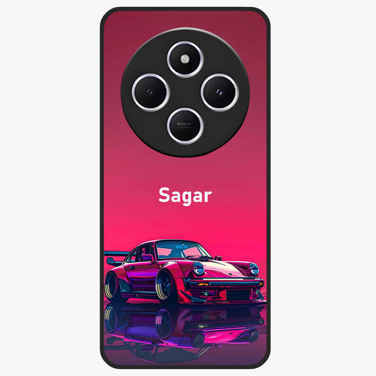 Neon Pink Porsche Glass Case showing flat back view with stylish sports car artwork and glossy glass finish.