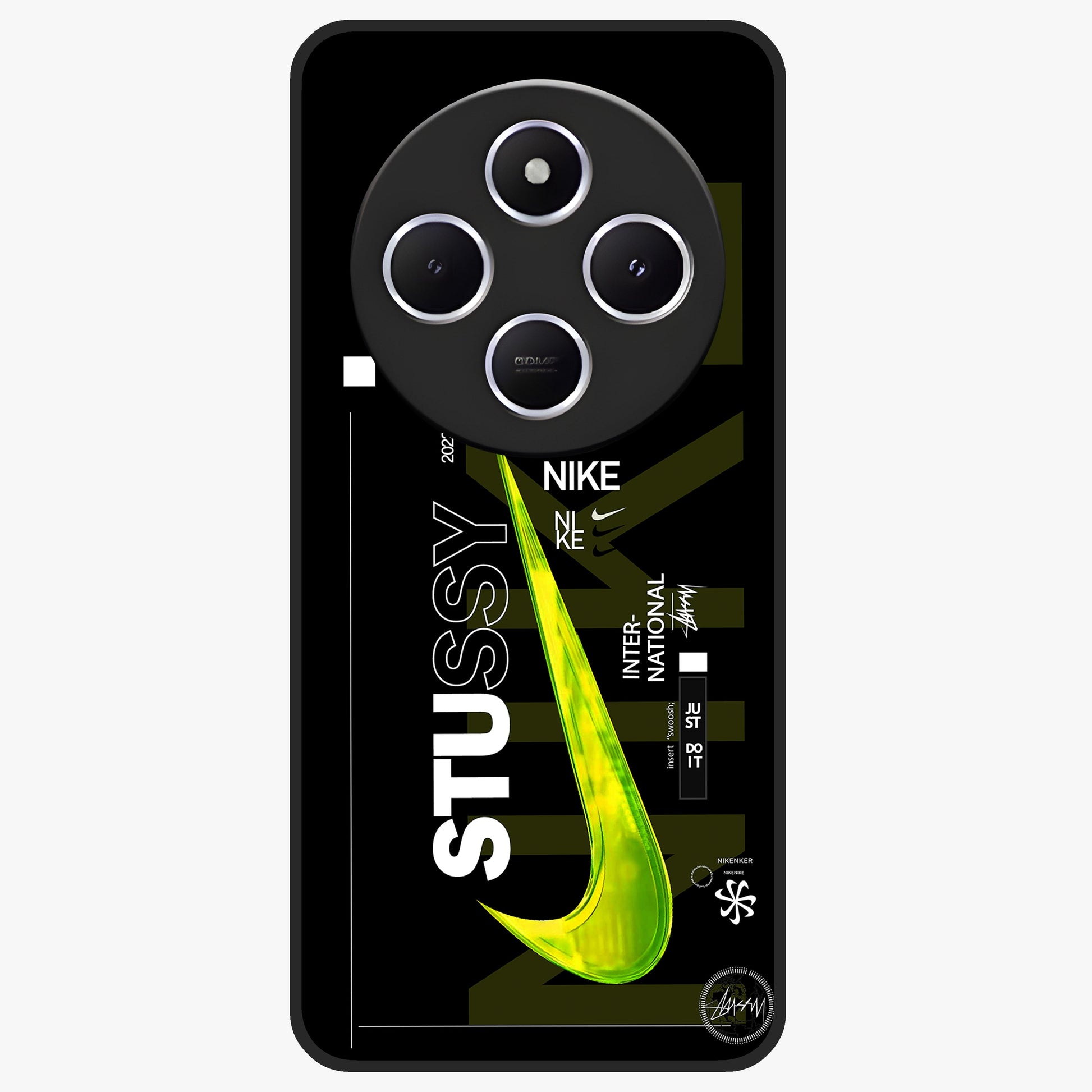 Neon Street Edition Glass Case showing flat back view with neon street style artwork and glossy glass finish.