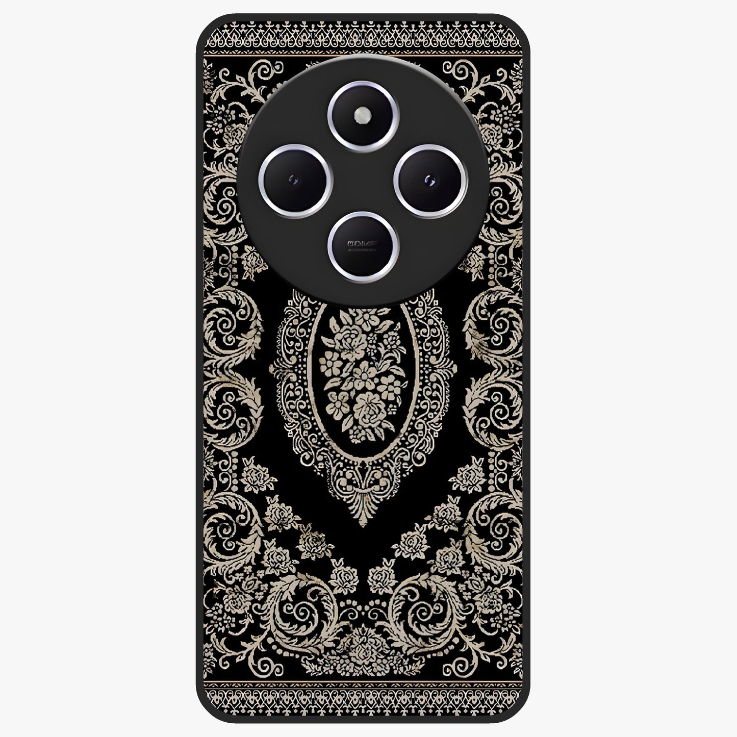 Noir Bloom Elegance Glass Case showing flat back view with elegant dark floral artwork and glossy glass finish.