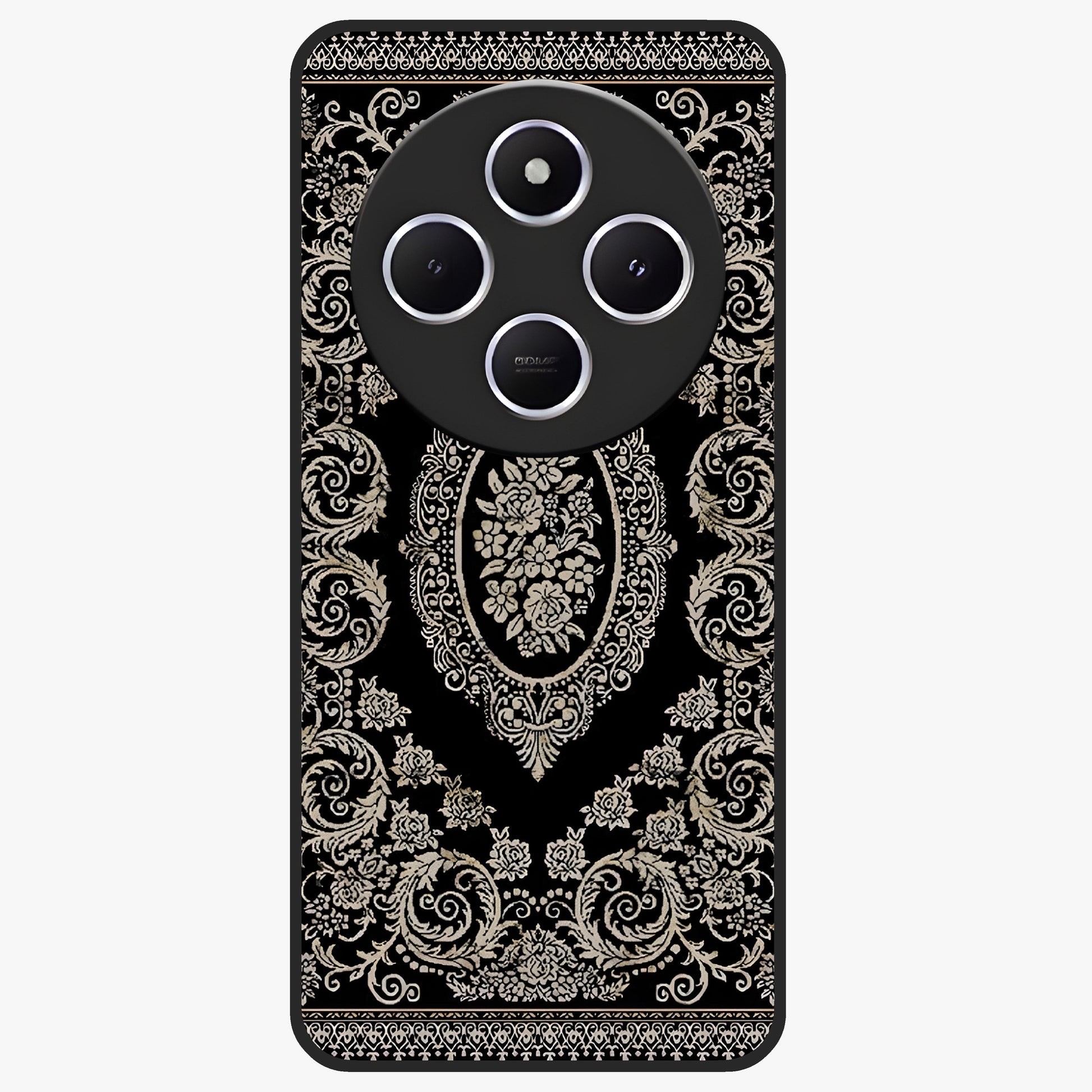 Noir Bloom Elegance Glass Case showing flat back view with elegant dark floral artwork and glossy glass finish.