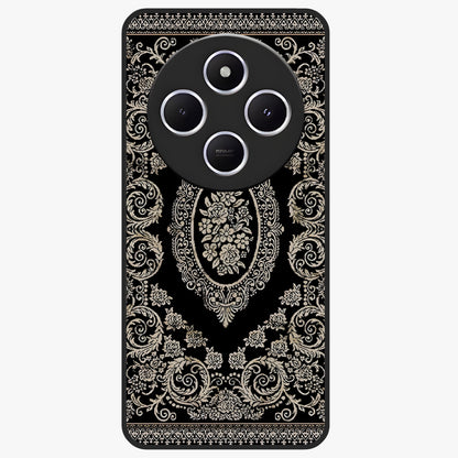 Noir Bloom Elegance Glass Case showing flat back view with elegant dark floral artwork and glossy glass finish.