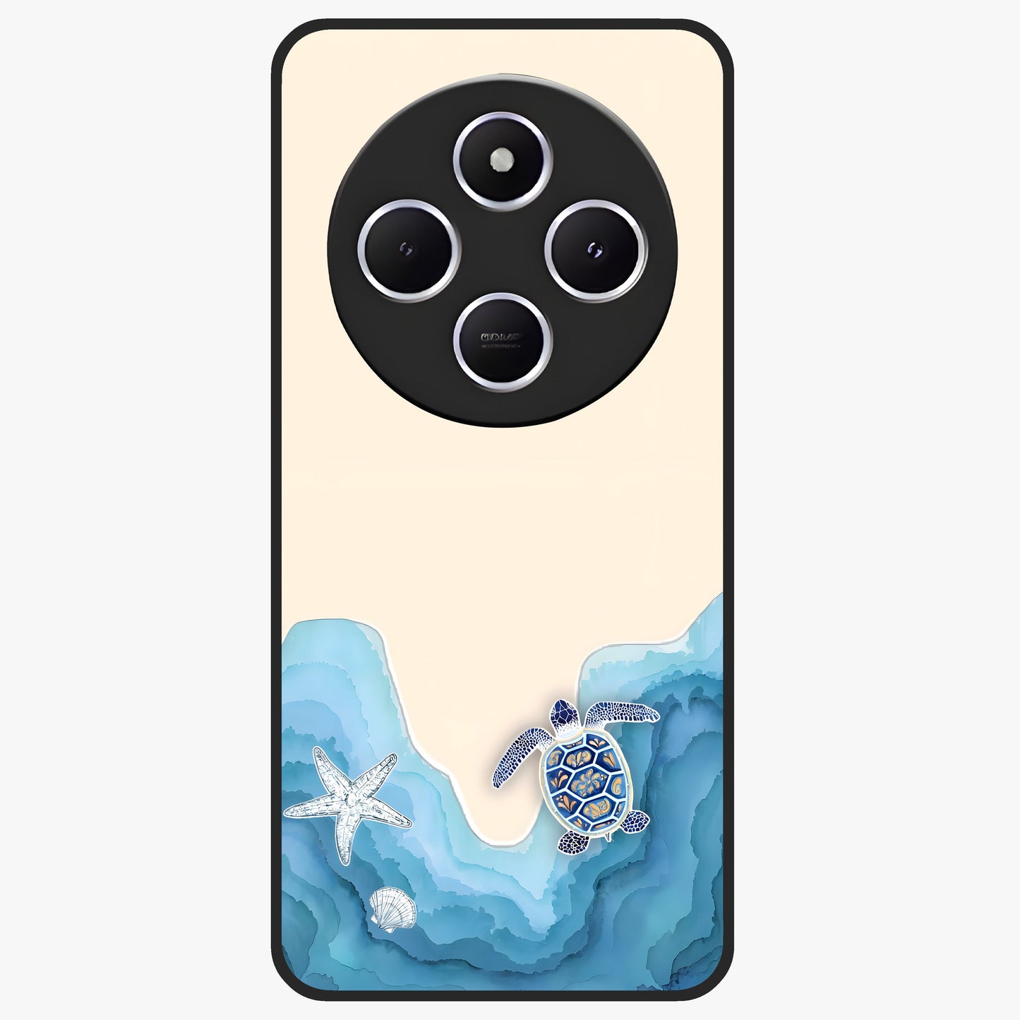 Ocean Drift Turtle Glass Case showing flat back view with sea turtle artwork and glossy glass finish.