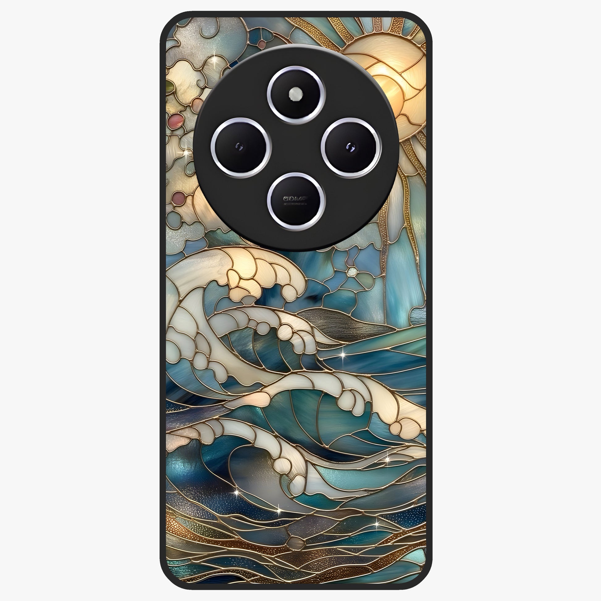 Oceanic Stained Printed Glass Case showing flat back view with ocean inspired stained pattern artwork and glossy glass finish.