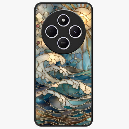 Oceanic Stained Printed Glass Case showing flat back view with ocean inspired stained pattern artwork and glossy glass finish.