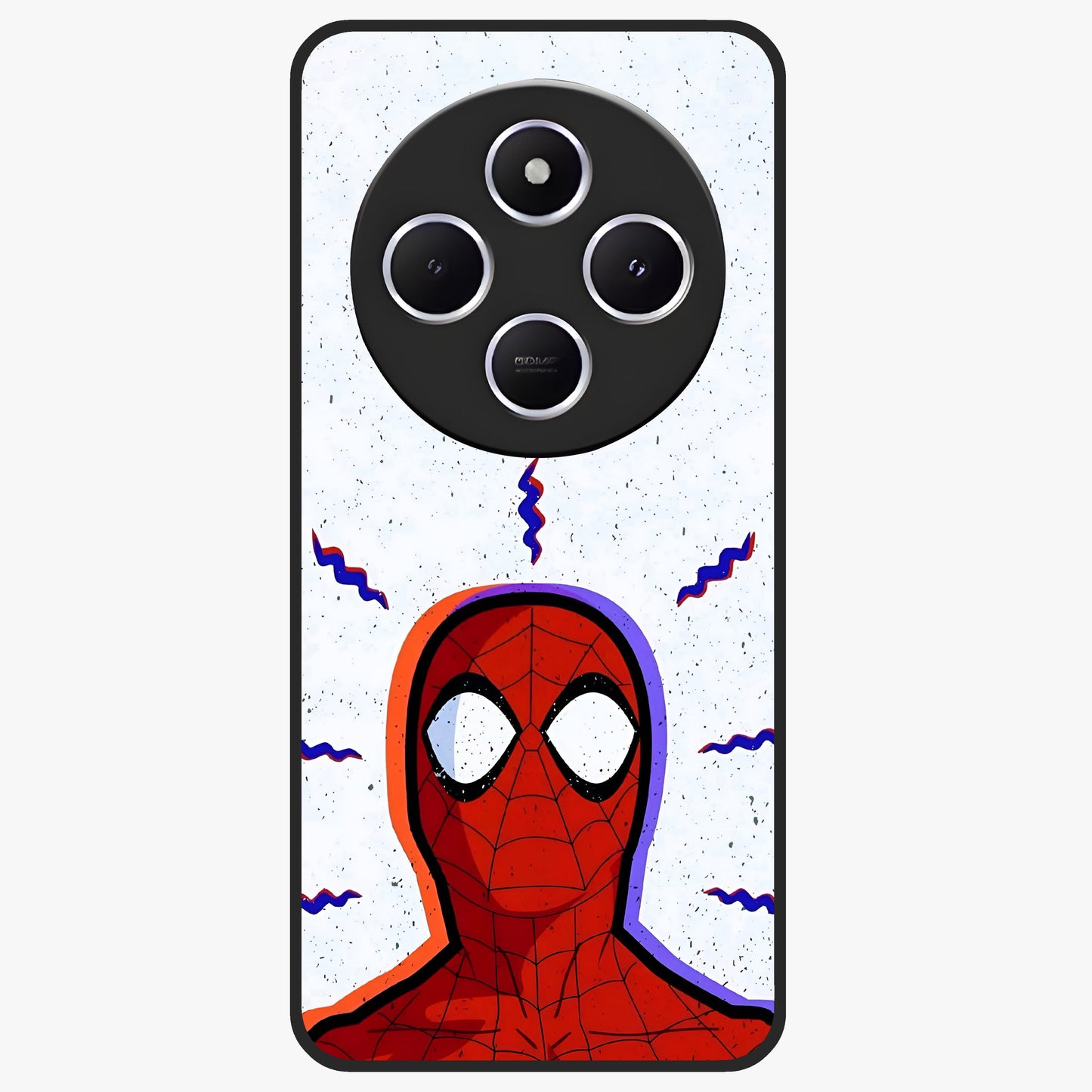 Omg Spiderman Glass Case showing flat back view with bold superhero inspired artwork and glossy glass finish.