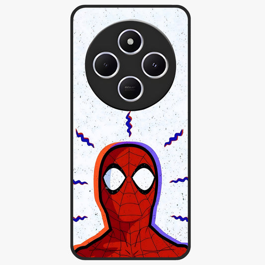 Omg Spiderman Glass Case showing flat back view with bold superhero inspired artwork and glossy glass finish.