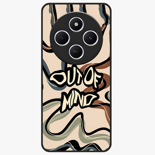 Out Of Mind Glass Case showing flat back view with expressive typography artwork and glossy glass finish.
